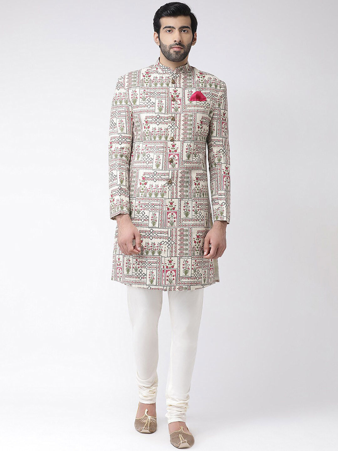 

Vartah Men Cream-Coloured & White Printed Sherwani Set