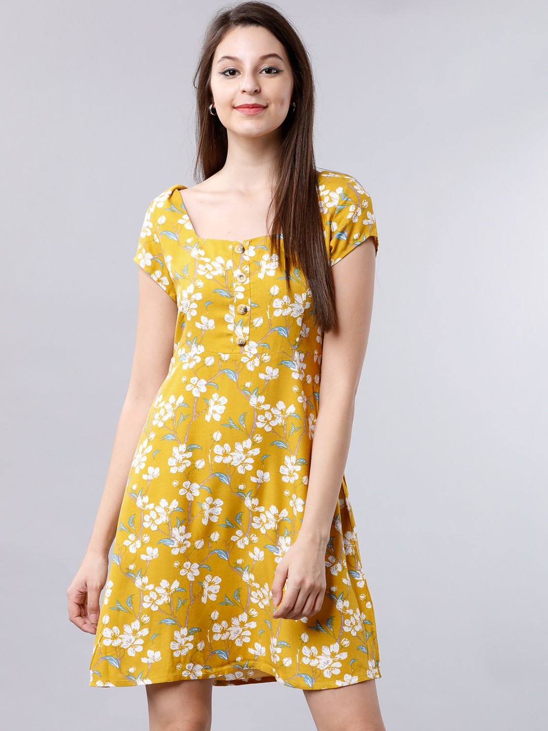 

Tokyo Talkies Women Mustard Yellow Printed Fit and Flare Dress