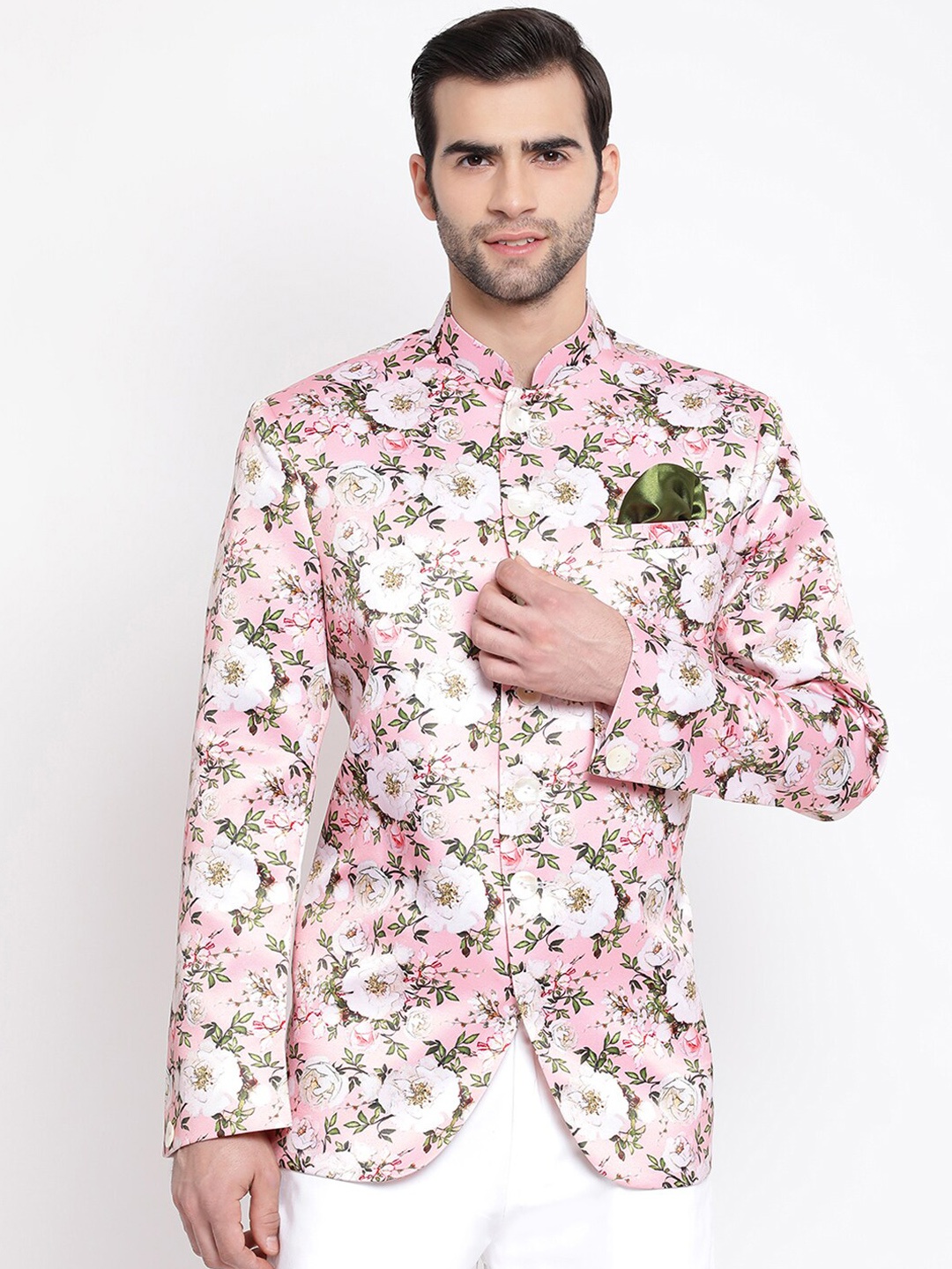 

VASTRAMAY Men Pink & Green Printed Tailored-fit Bandhgala Blazer