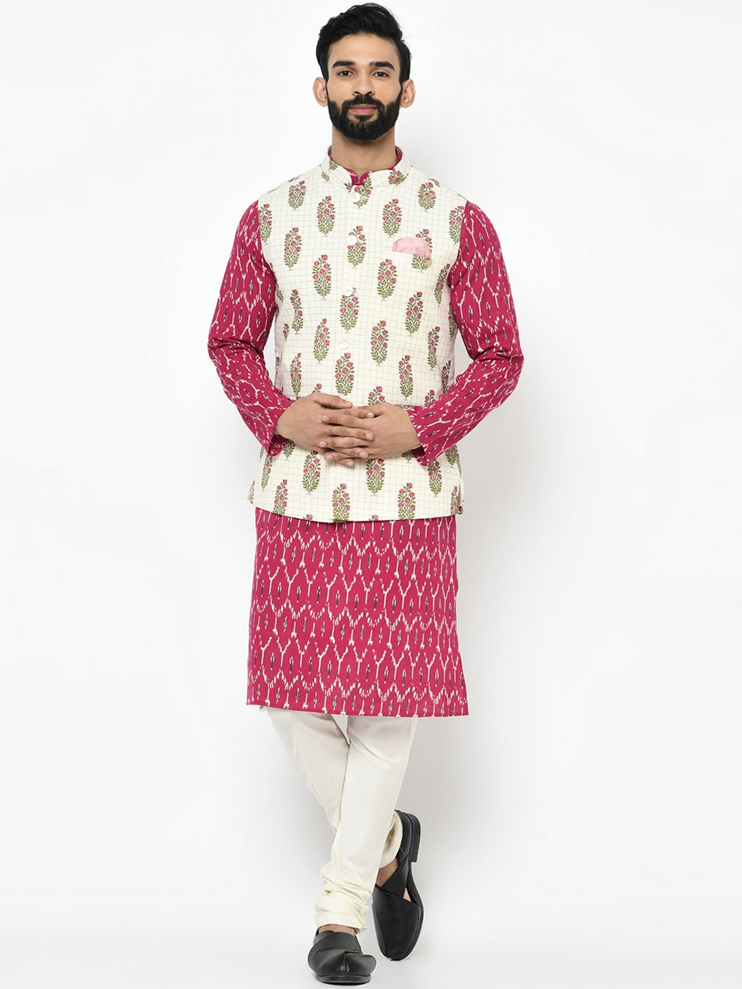 

Vartah Men Pink & Cream-Coloured Solid Kurta with Churidar & Nehru Jacket