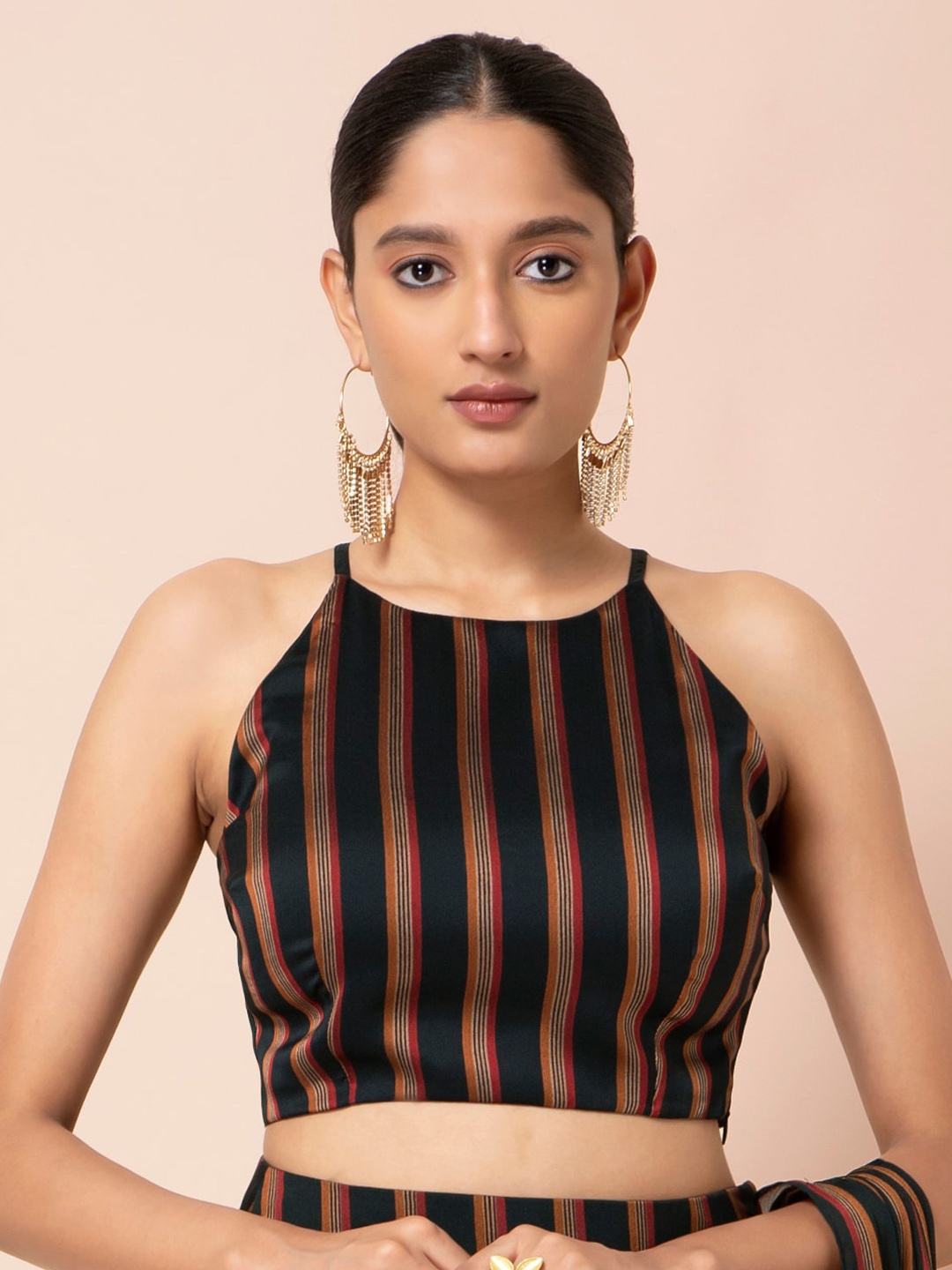 

INDYA Women Black Striped Fitted Halter Ethnic Crop Top