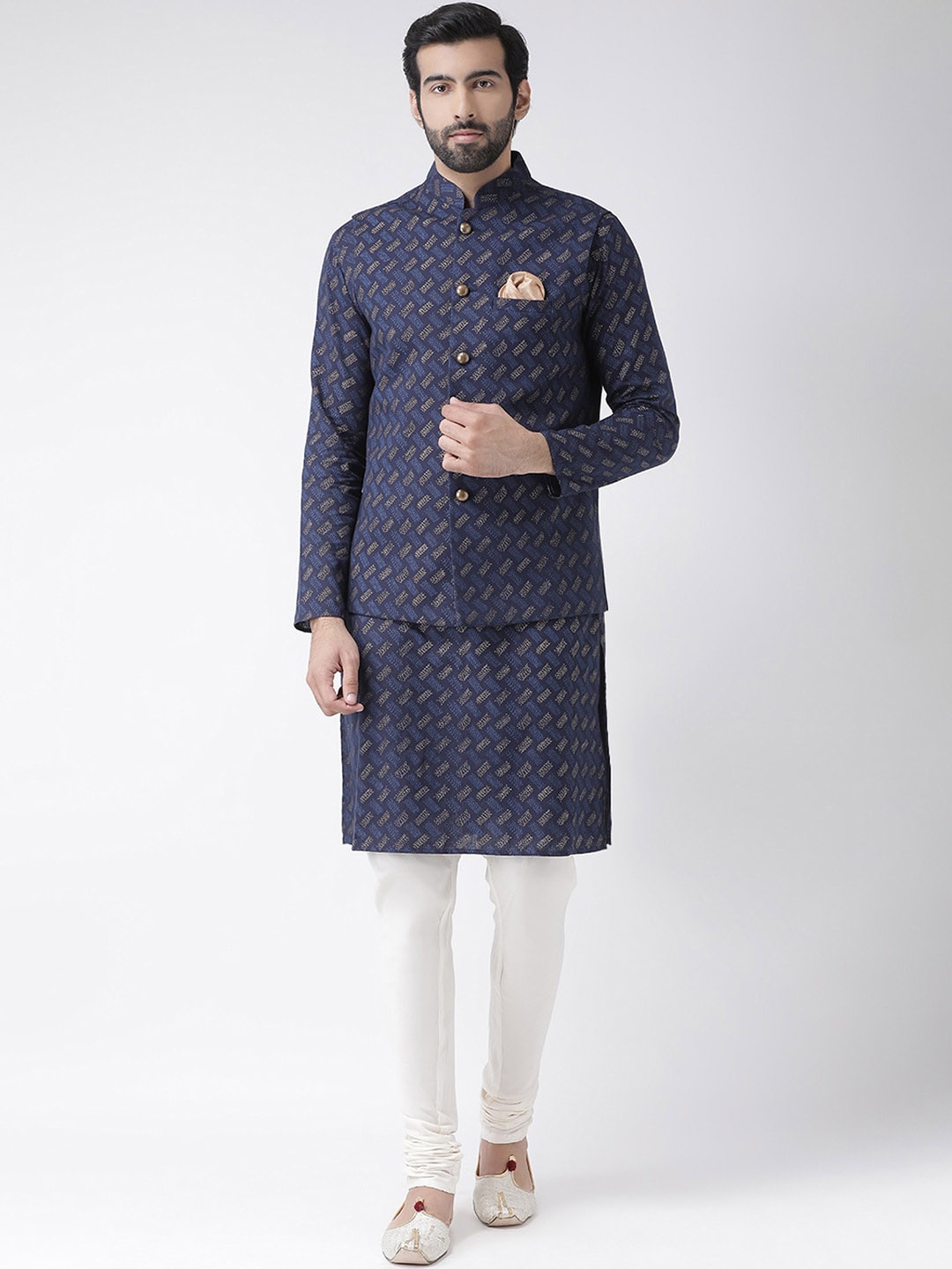 

Vartah Men Navy Blue & White Woven Design Kurta with Churidar & Nehru Jacket
