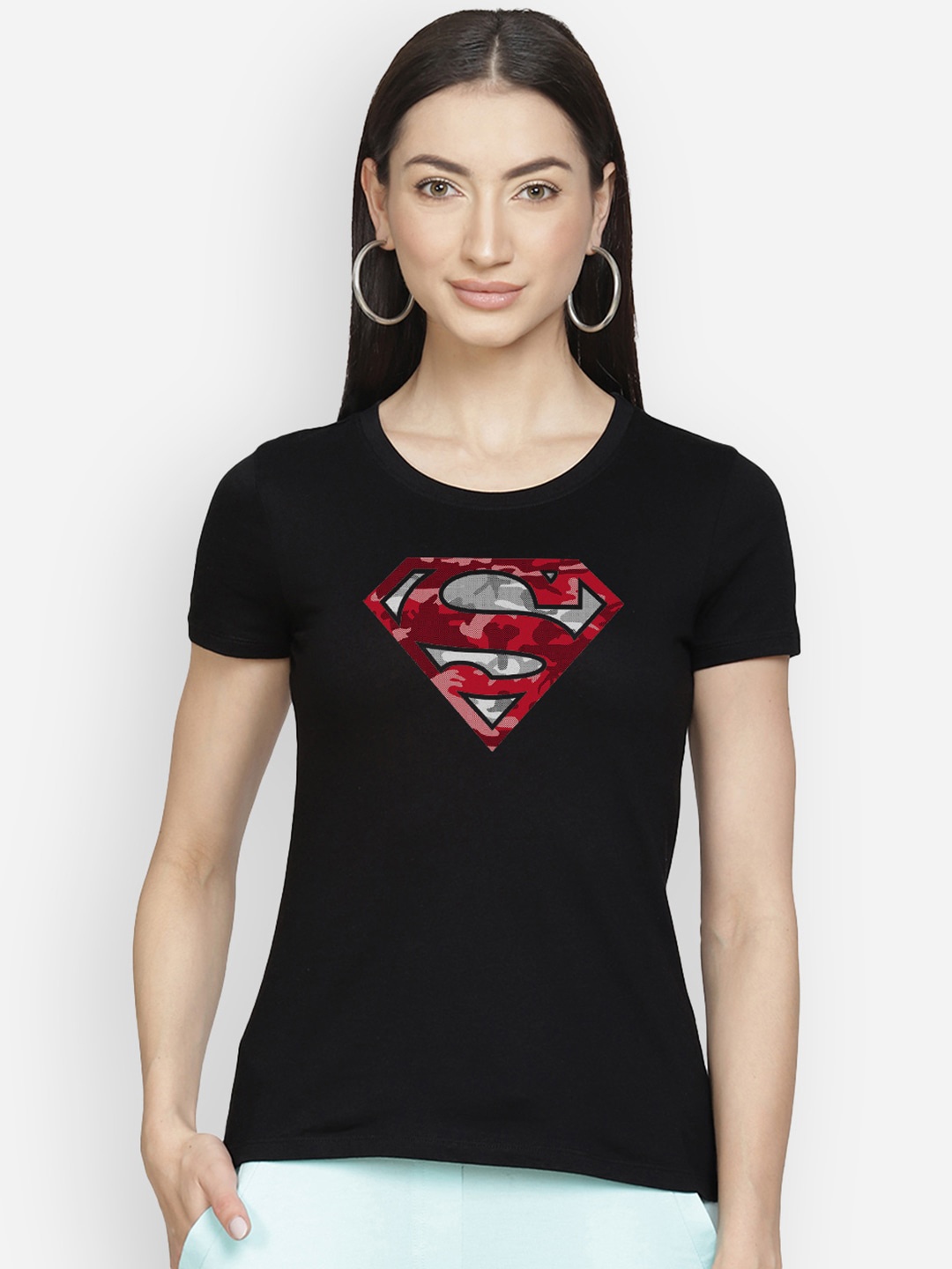 

Free Authority Women Black Superman Printed Round Neck Pure Cotton T-shirt