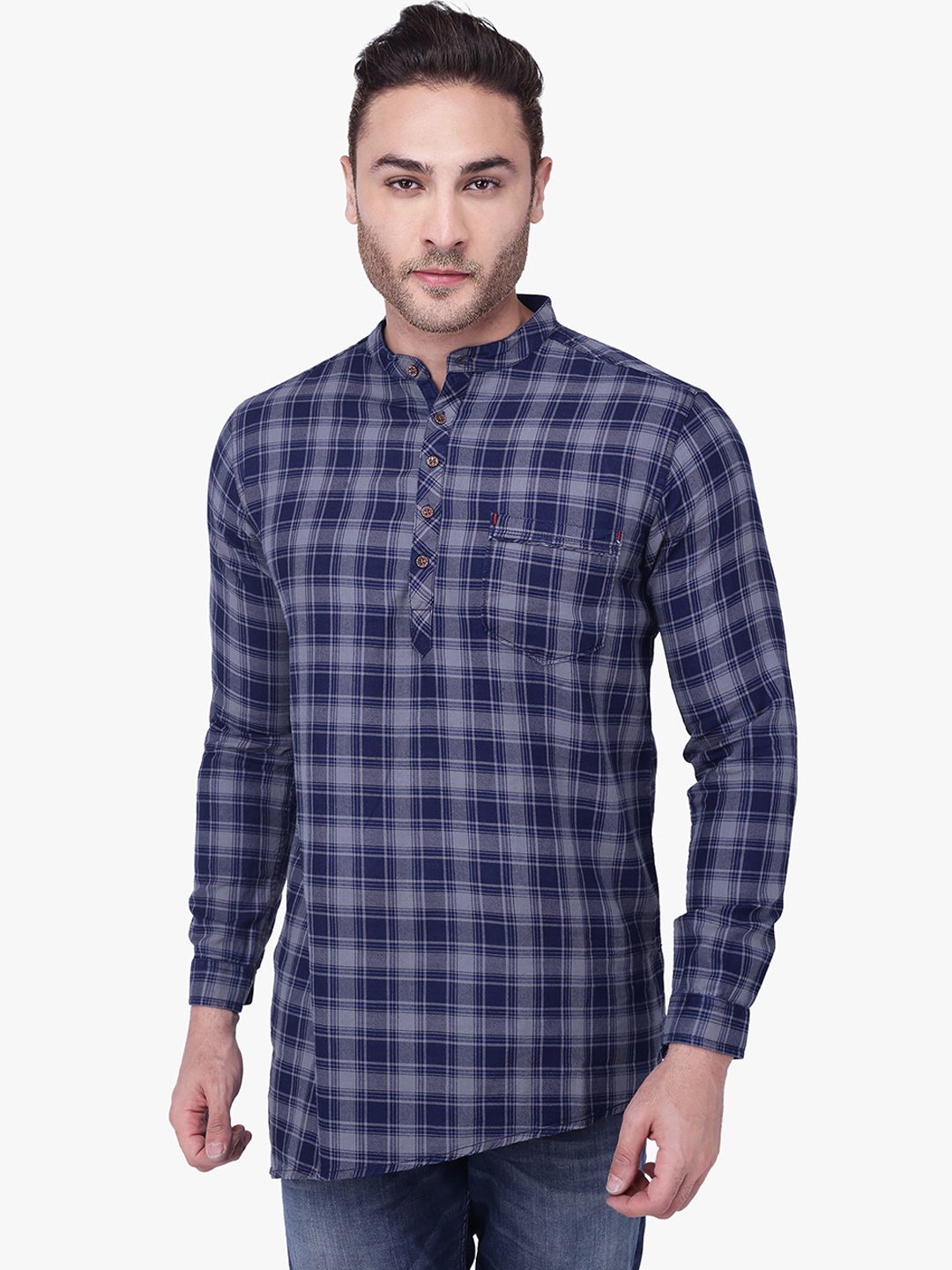 

Kuons Avenue Men Grey & Blue Checked Straight Kurta