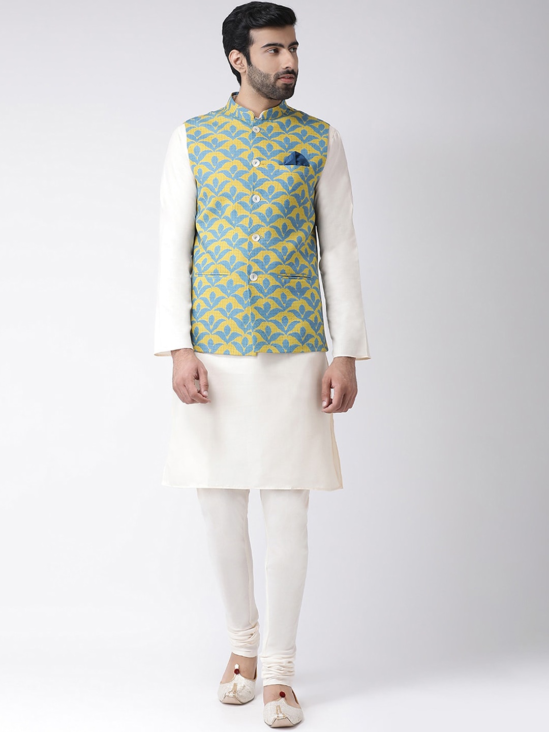 

Vartah Men Off-White Solid Handloom Kurta with Churidar & Printed Nehru Jacket