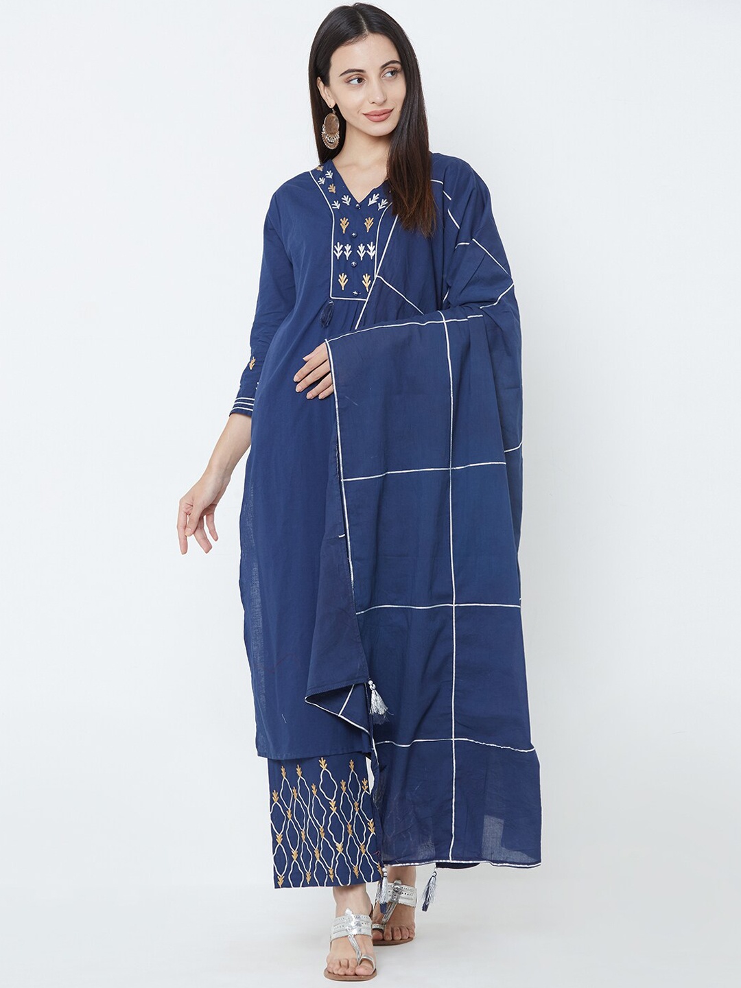 

FASHOR Women Navy Blue Gota Patti Kurta Set