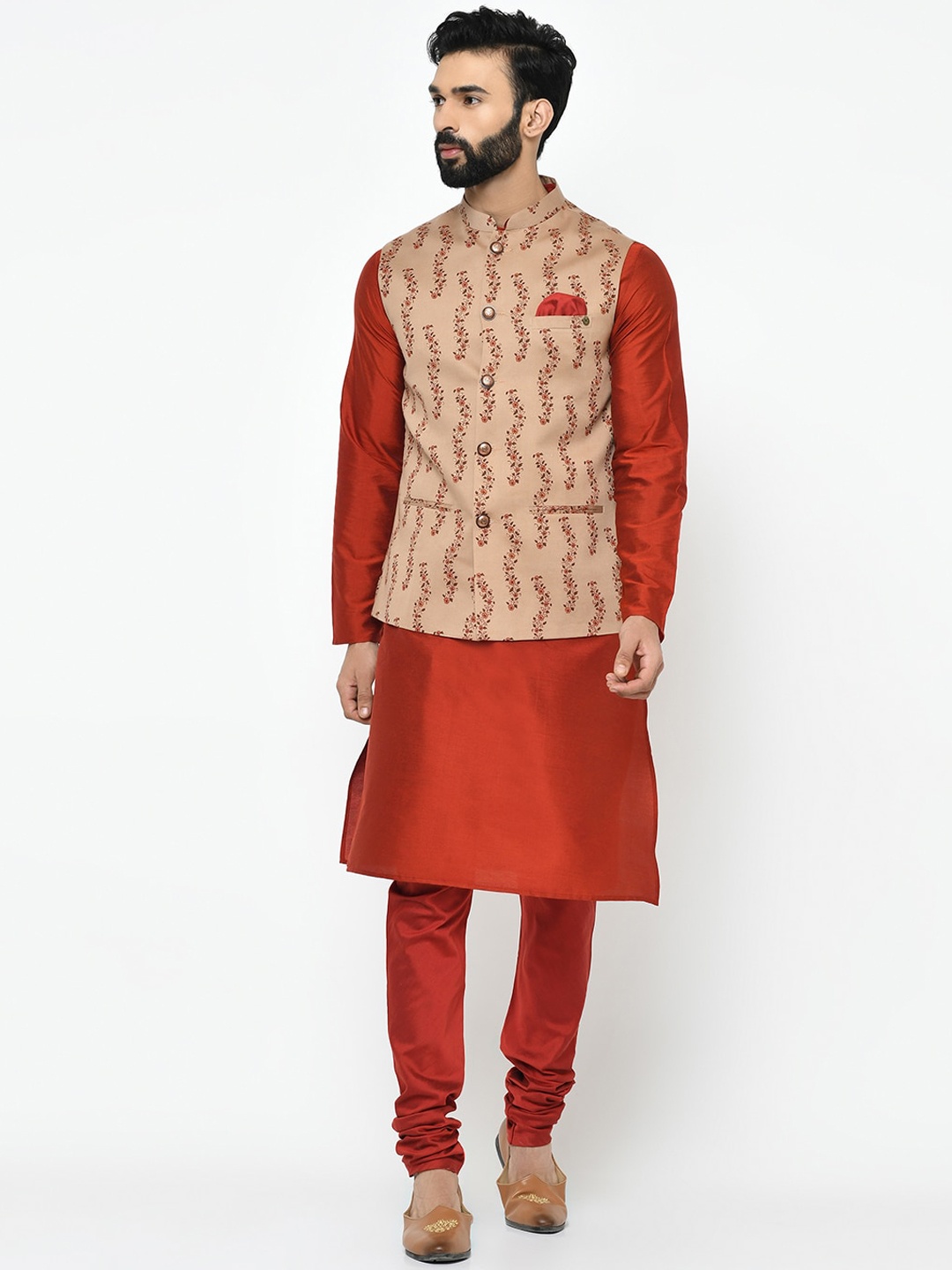 

Vartah Men Brown & Red Solid Kurta with Churidar & Nehru Jacket