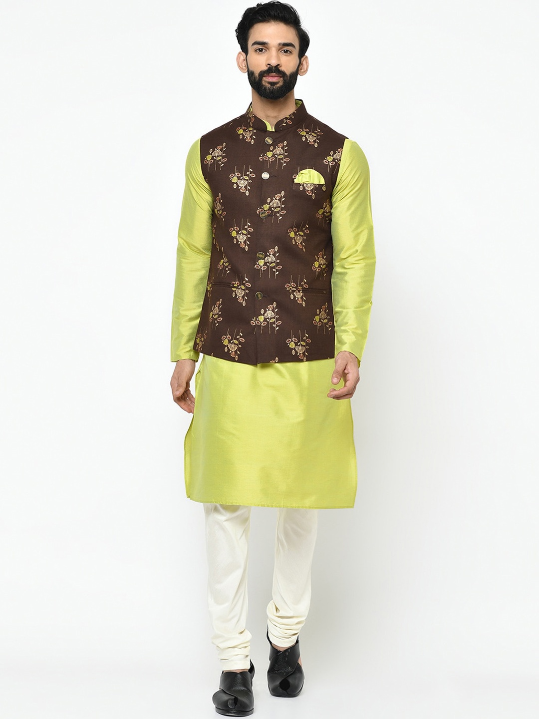 

Vartah Men Brown & Lime Green Solid Kurta with Churidar & Nehru Jacket