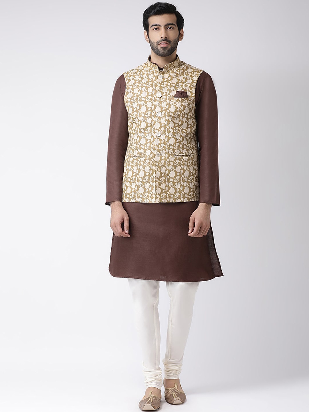 

Vartah Men Brown & White Solid Kurta Set with Nehru Jacket