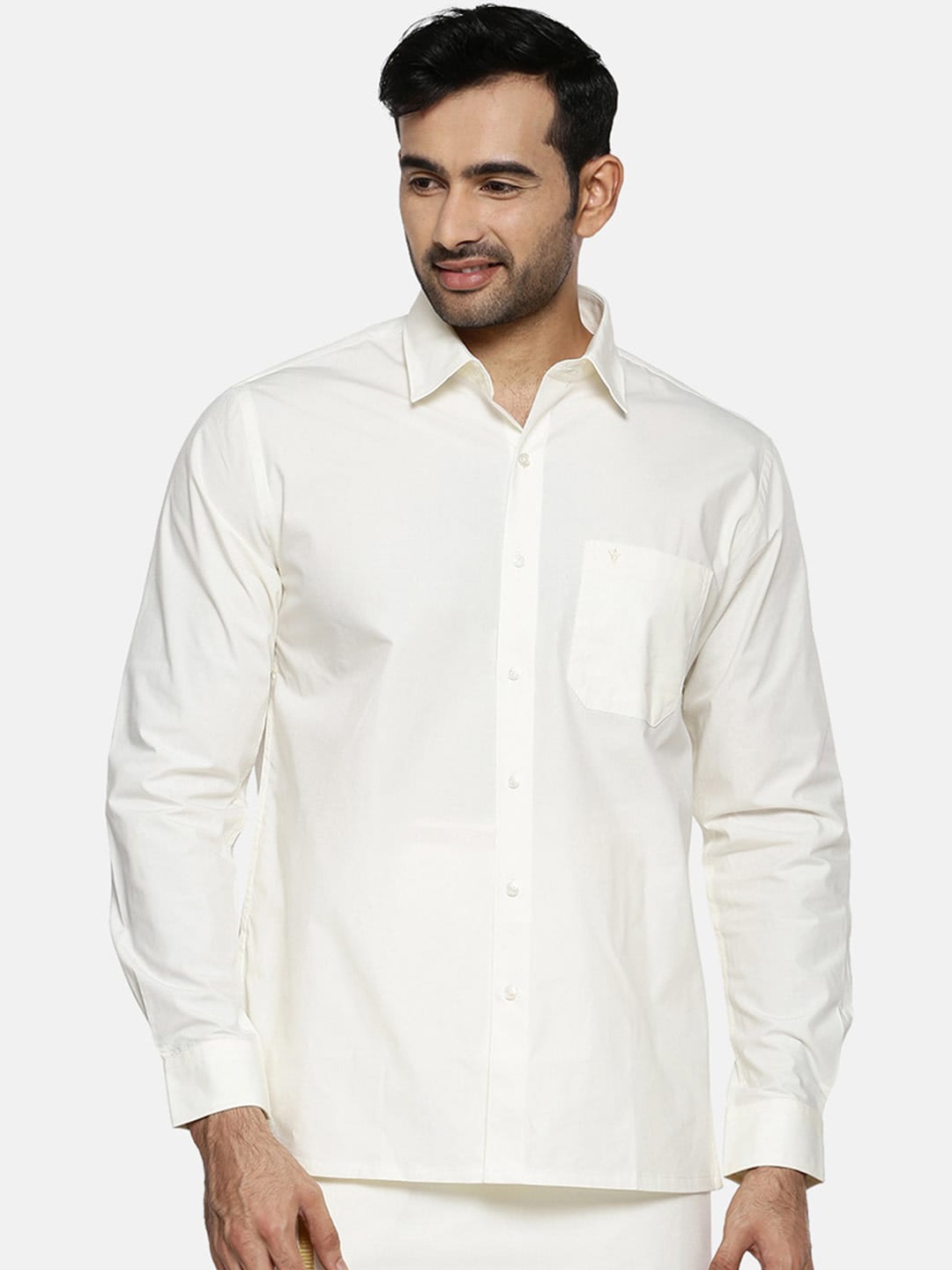 

Ramraj Men Cream-Coloured Regular Fit Solid Ethnic Shirt