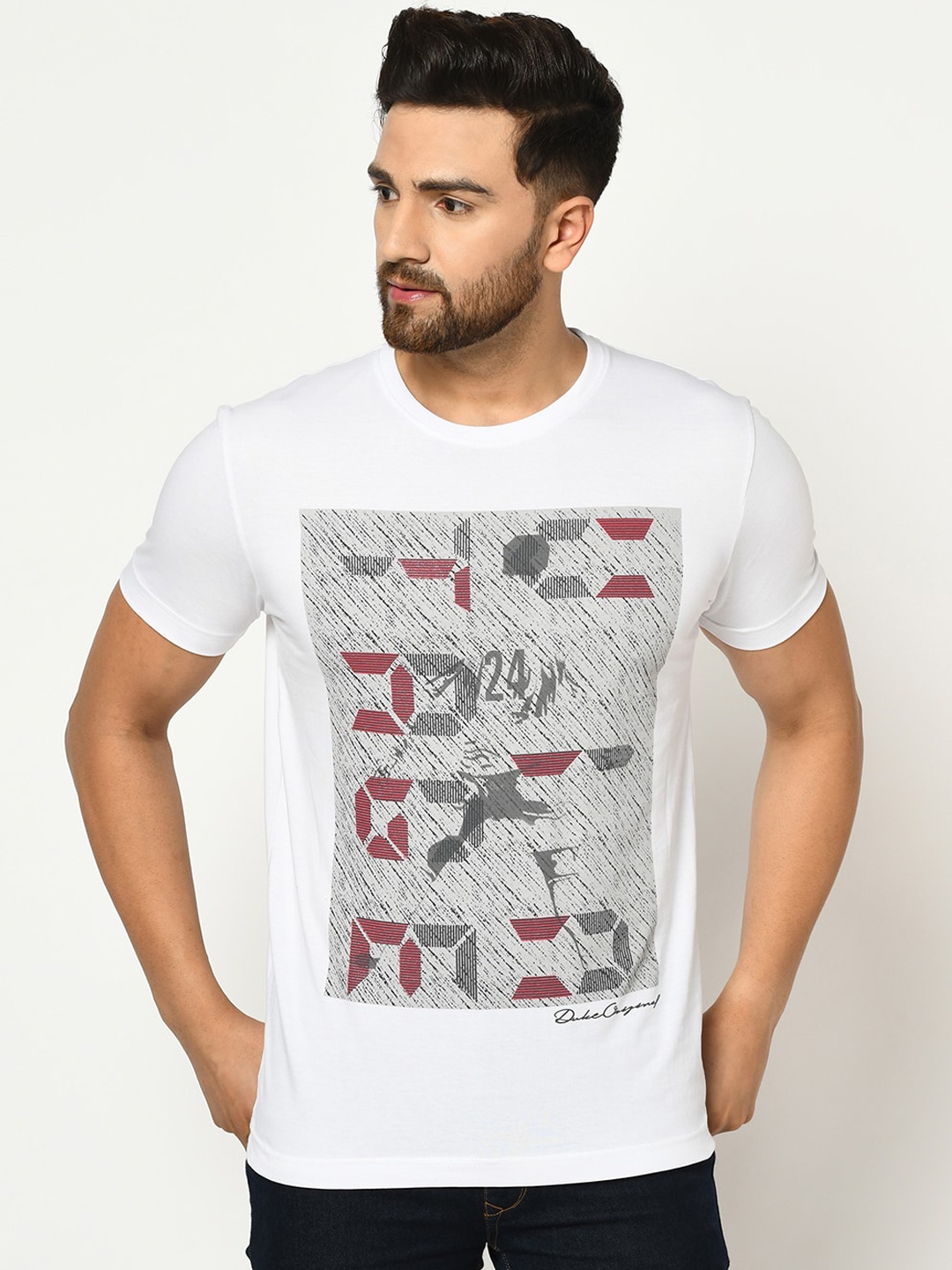 Duke Men White Printed Round Neck T-shirt