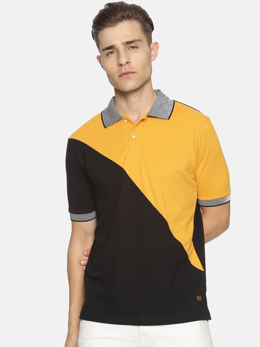 

Campus Sutra Men Mustard Yellow & Black Colourblocked Polo Collar T-shirt
