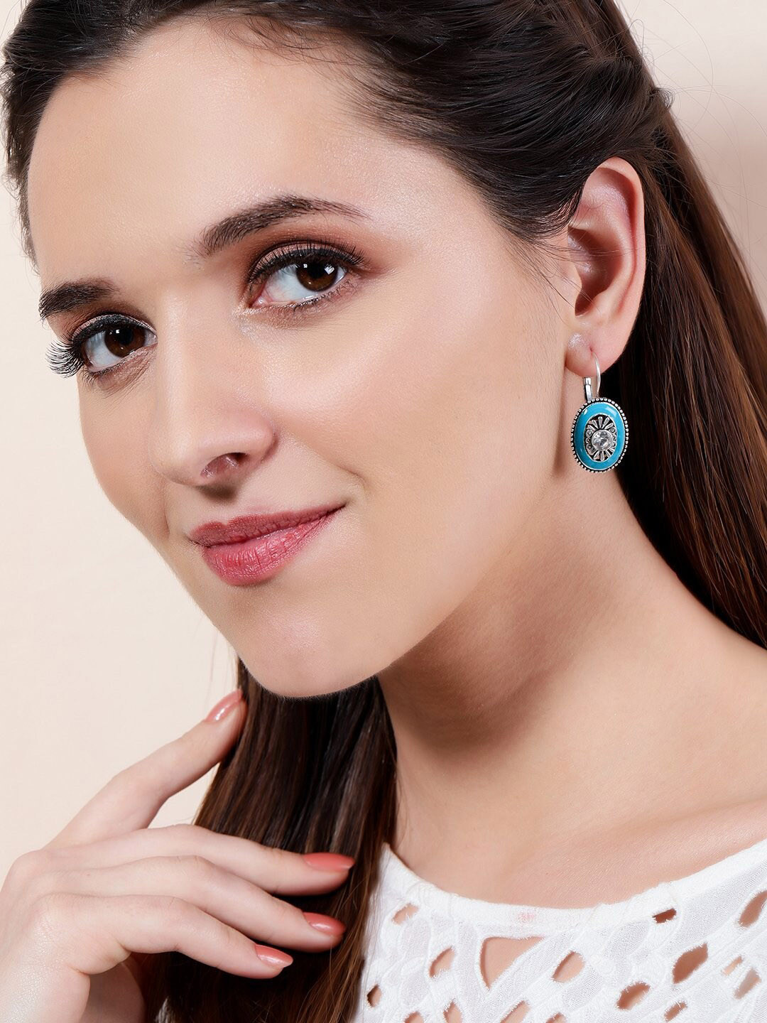 

Rubans Set Of 2 Silver-Plated & Turquoise Blue Circular Drop Earrings