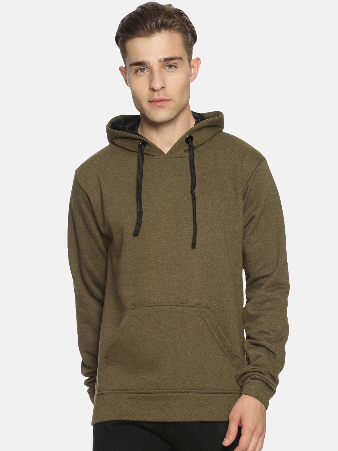

Campus Sutra Men Olive Green Solid Hooded Sweatshirt