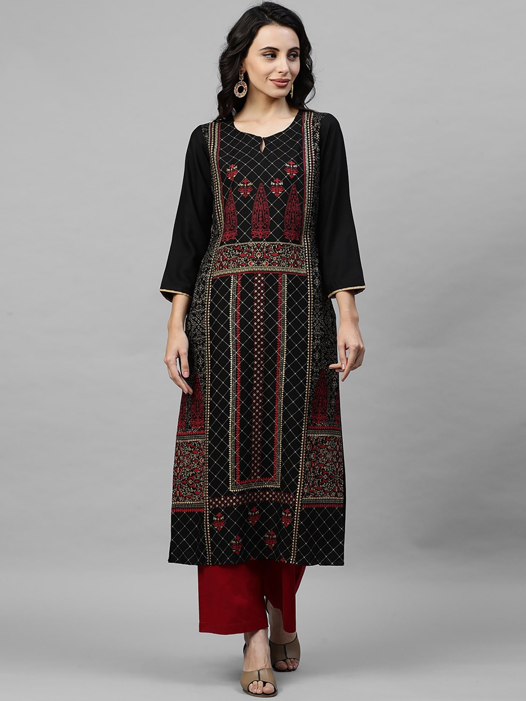 

Indo Era Women Black & Maroon Floral Print A-Line Kurta
