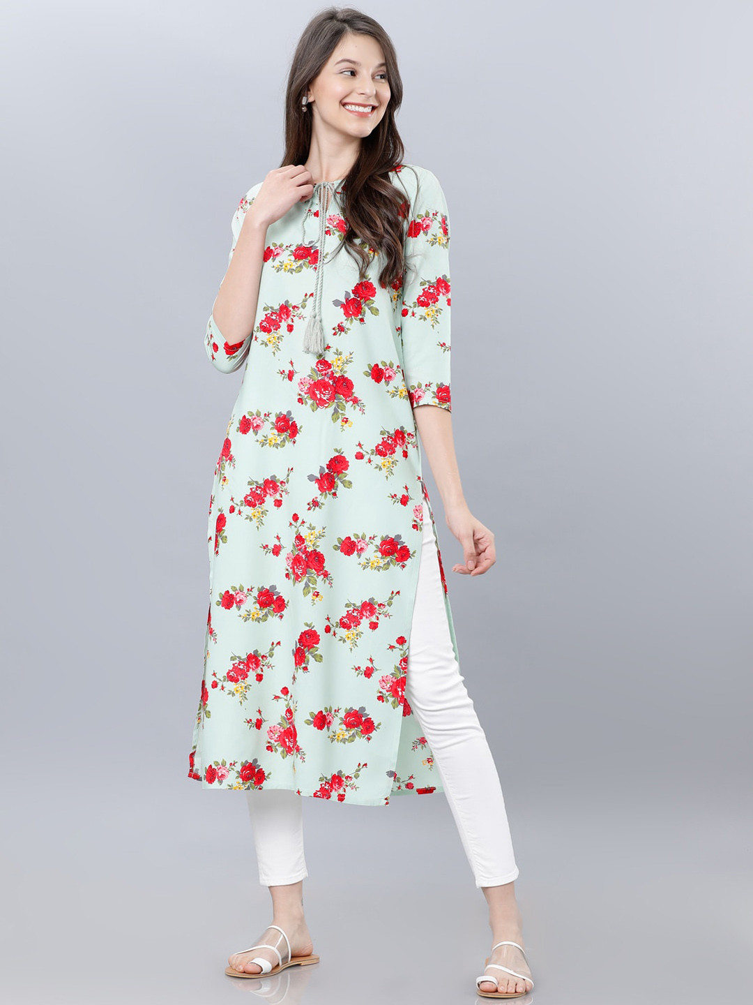

Vishudh Women Turquoise Blue & Red Printed A-Line Kurta