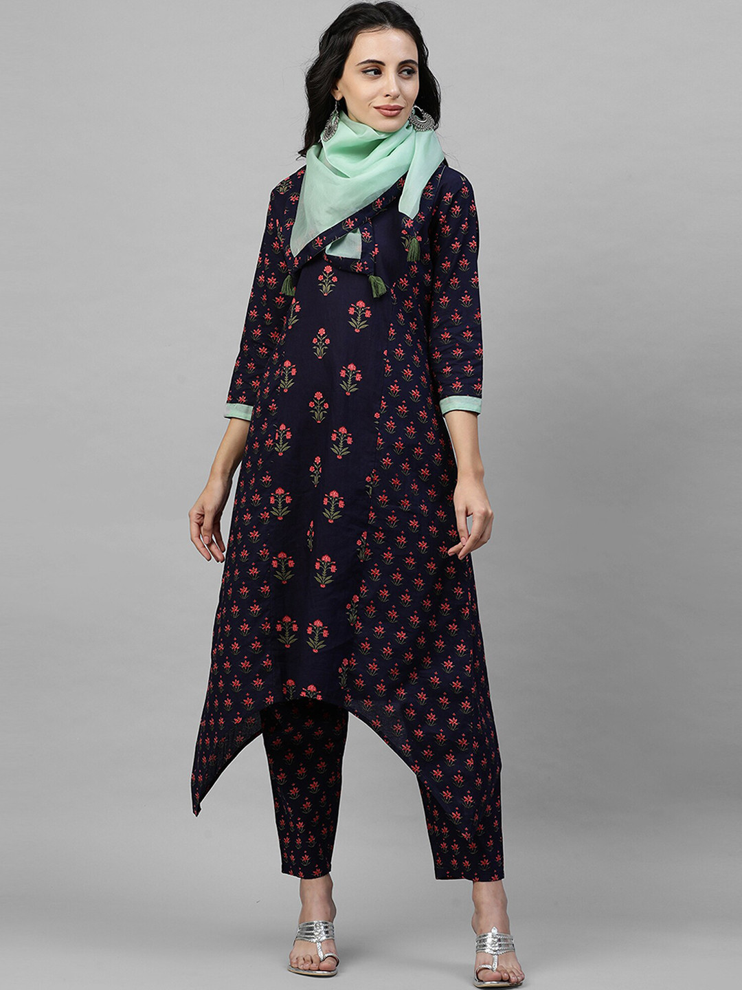 

Indo Era Women Navy Blue & Red Floral Printed Kurta with Trousers & Dupatta