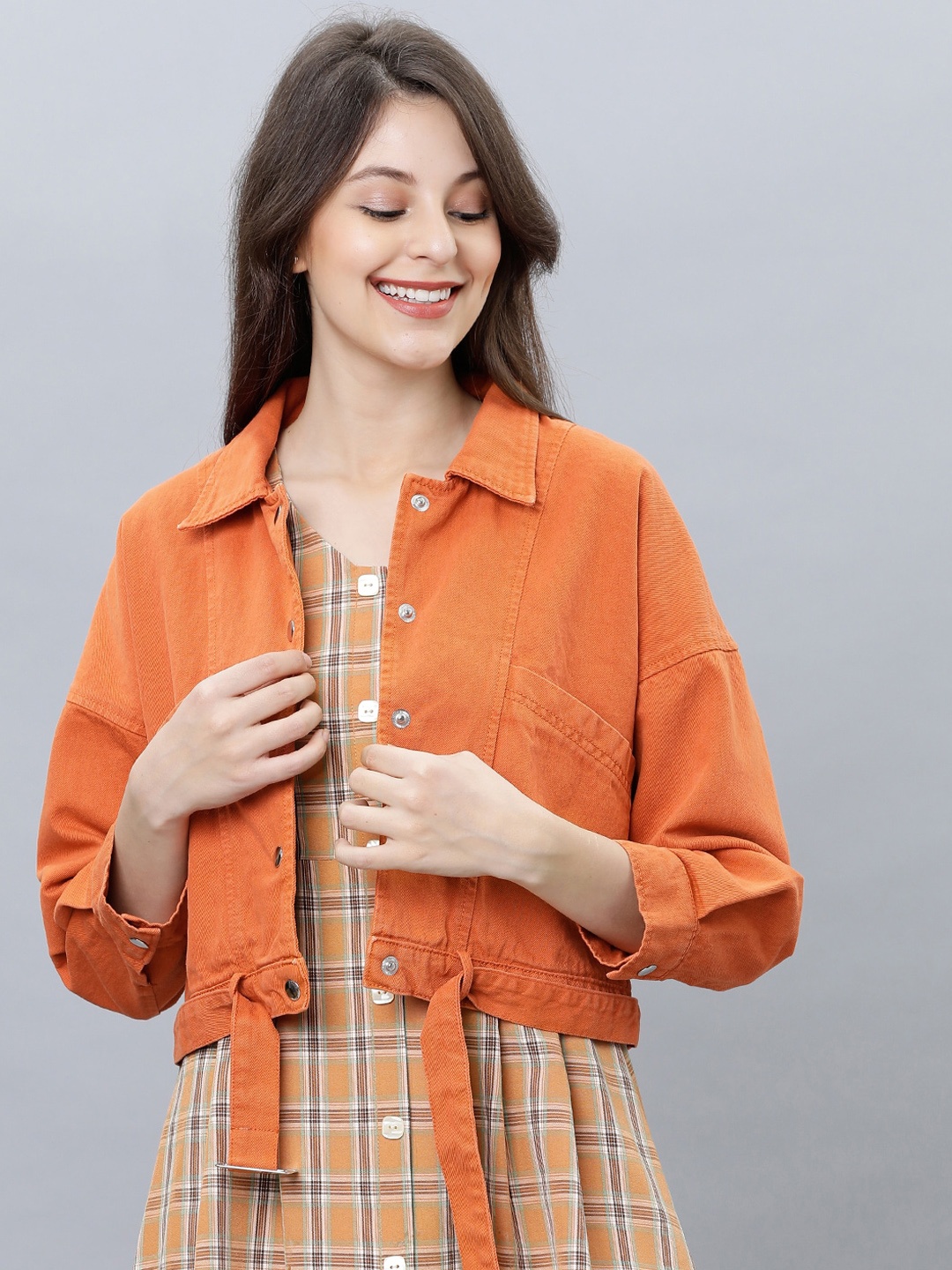 Tokyo Talkies Women Orange Solid Denim Jacket
