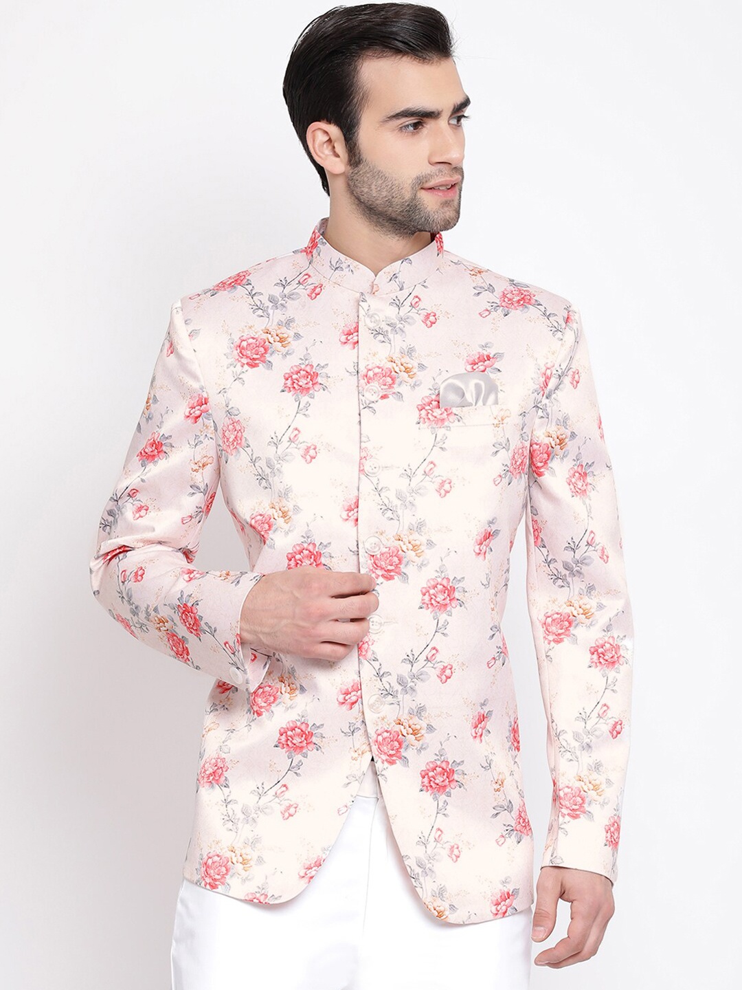 

VASTRAMAY Men Peach & Pink Printed Tailored-Fit Bandhgala Blazer