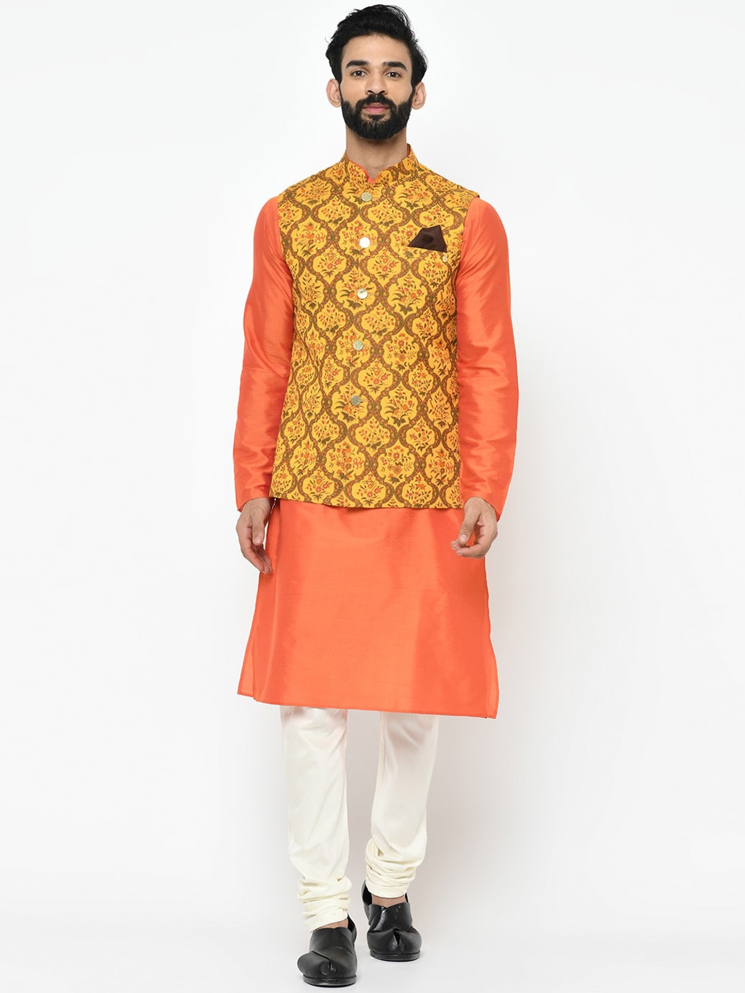 

Vartah Men Orange & White Solid Kurta with Pyjamas & Nehru Jacket