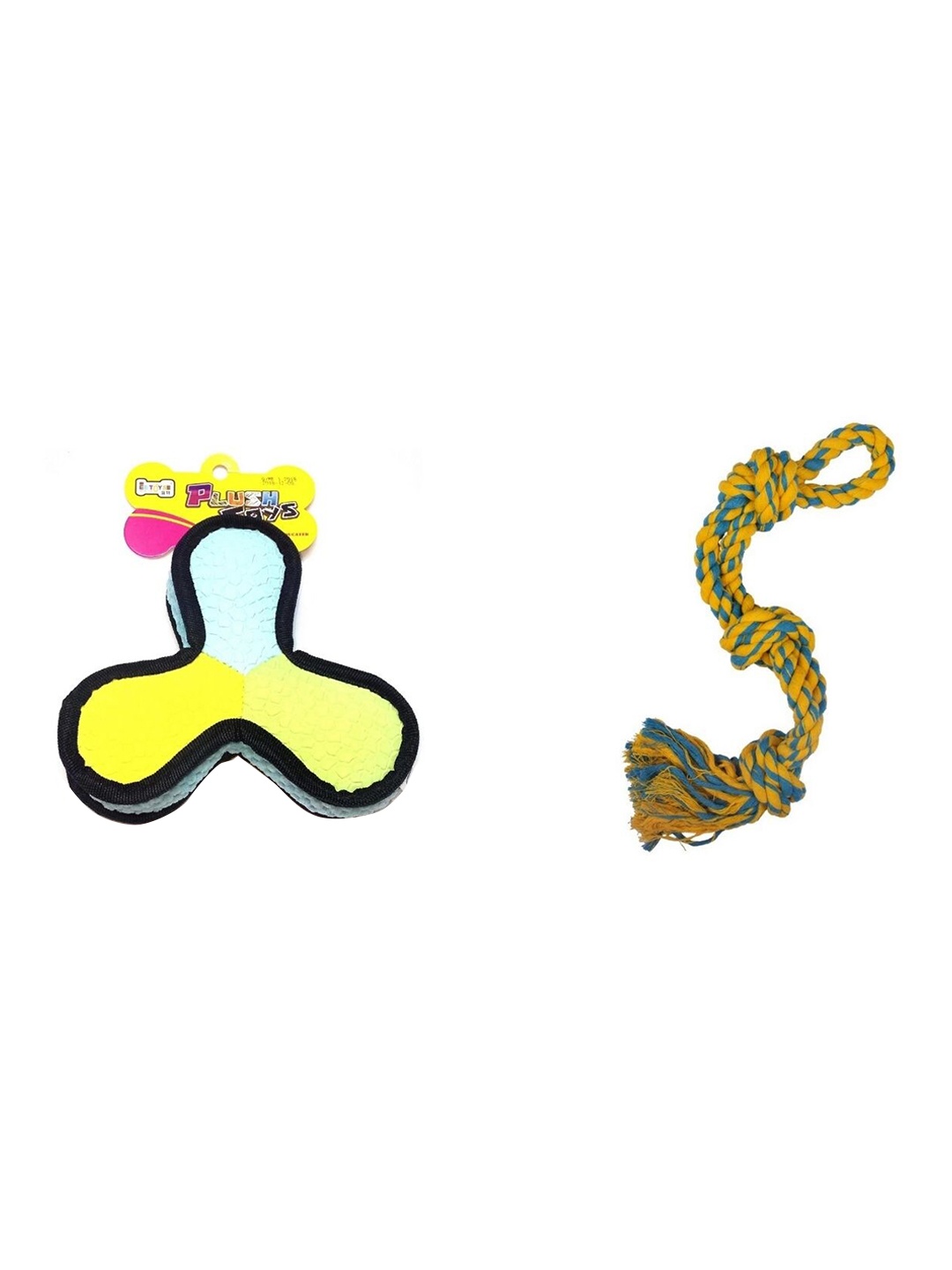 

Poochles Three Side Latex & Double Knotted Rope Dog Toys Combo, Yellow