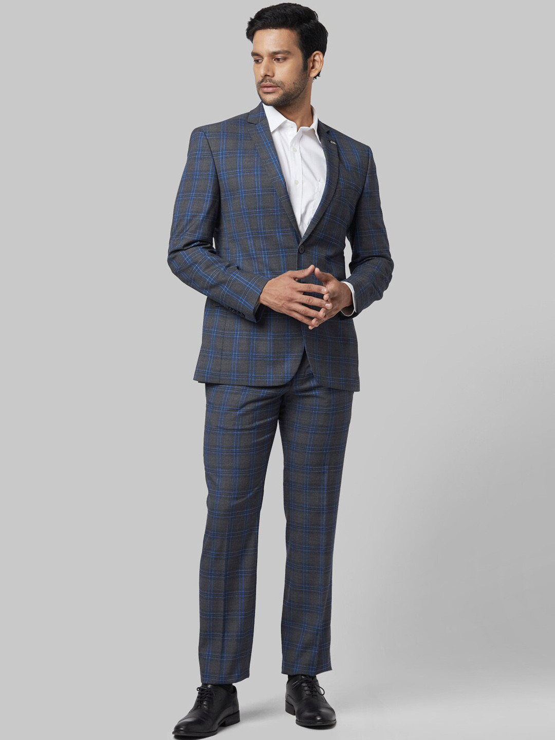 

Park Avenue Men Grey & Blue Checked Single-Breasted Formal Suit