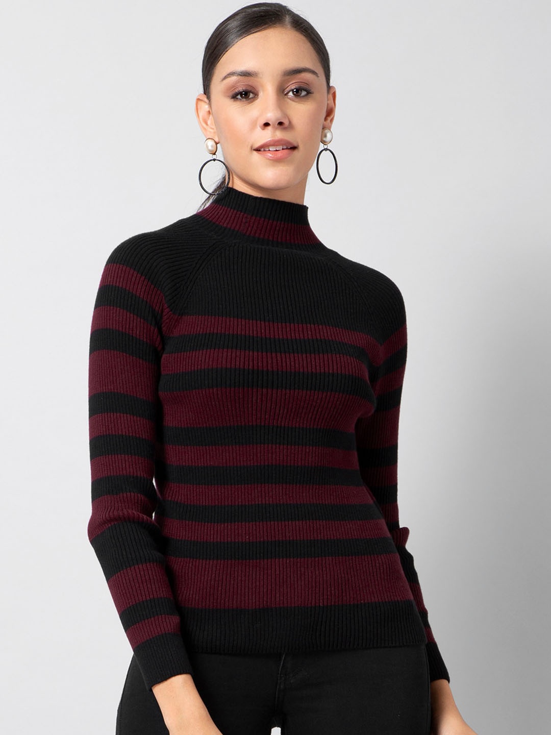 

FabAlley Women Maroon & Black Striped Pullover Sweater