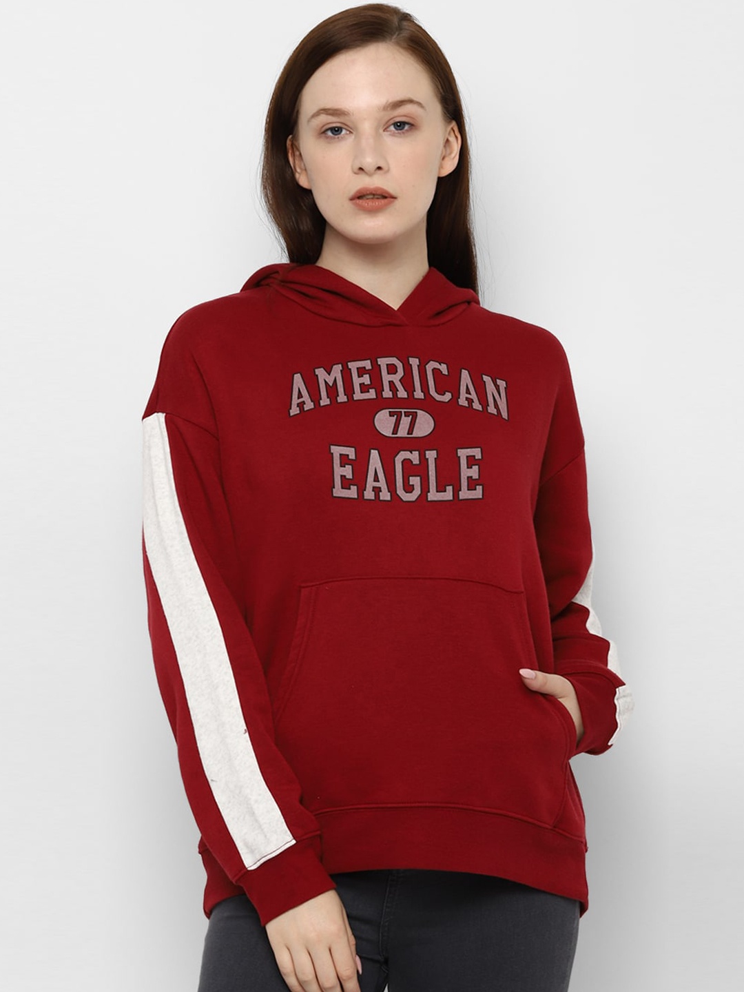 

AMERICAN EAGLE OUTFITTERS Women Red & White Printed Hooded Sweatshirt