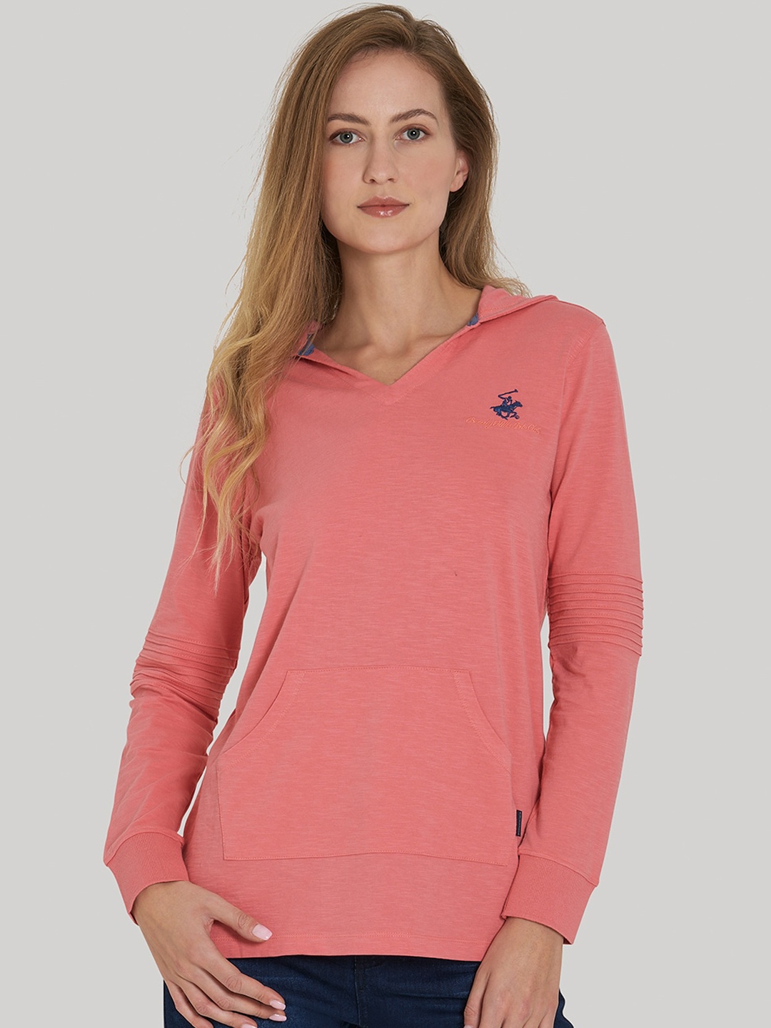 

Beverly Hills Polo Club Women Pink Solid Hood T-shirt