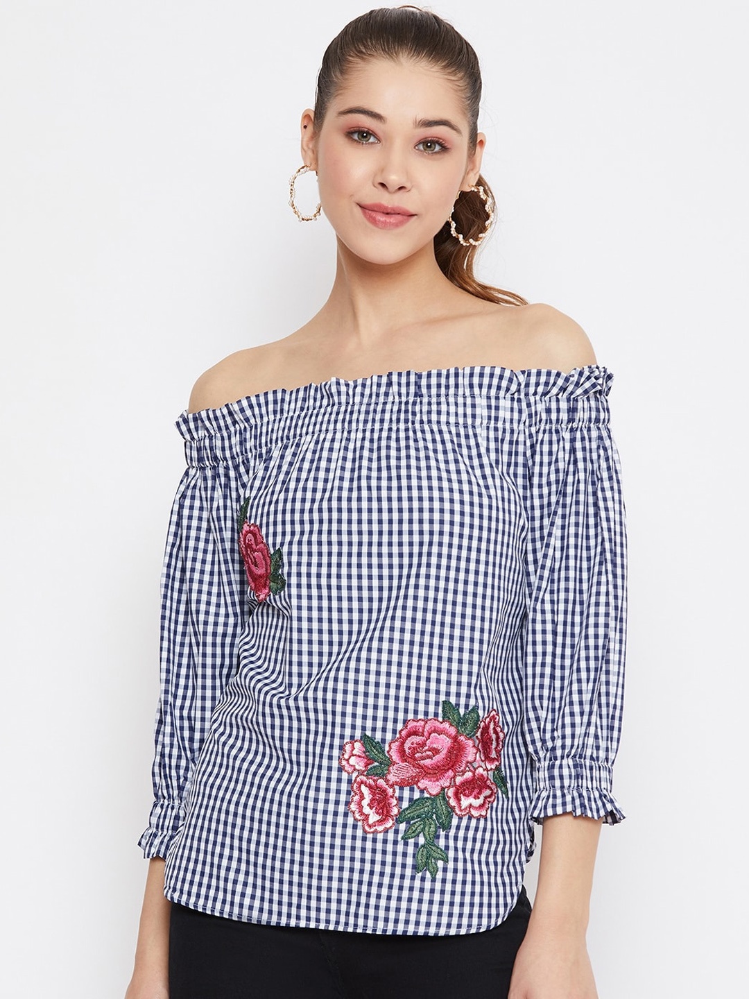 

PURYS Women Navy Blue & White Checked Floral Print Bardot Top