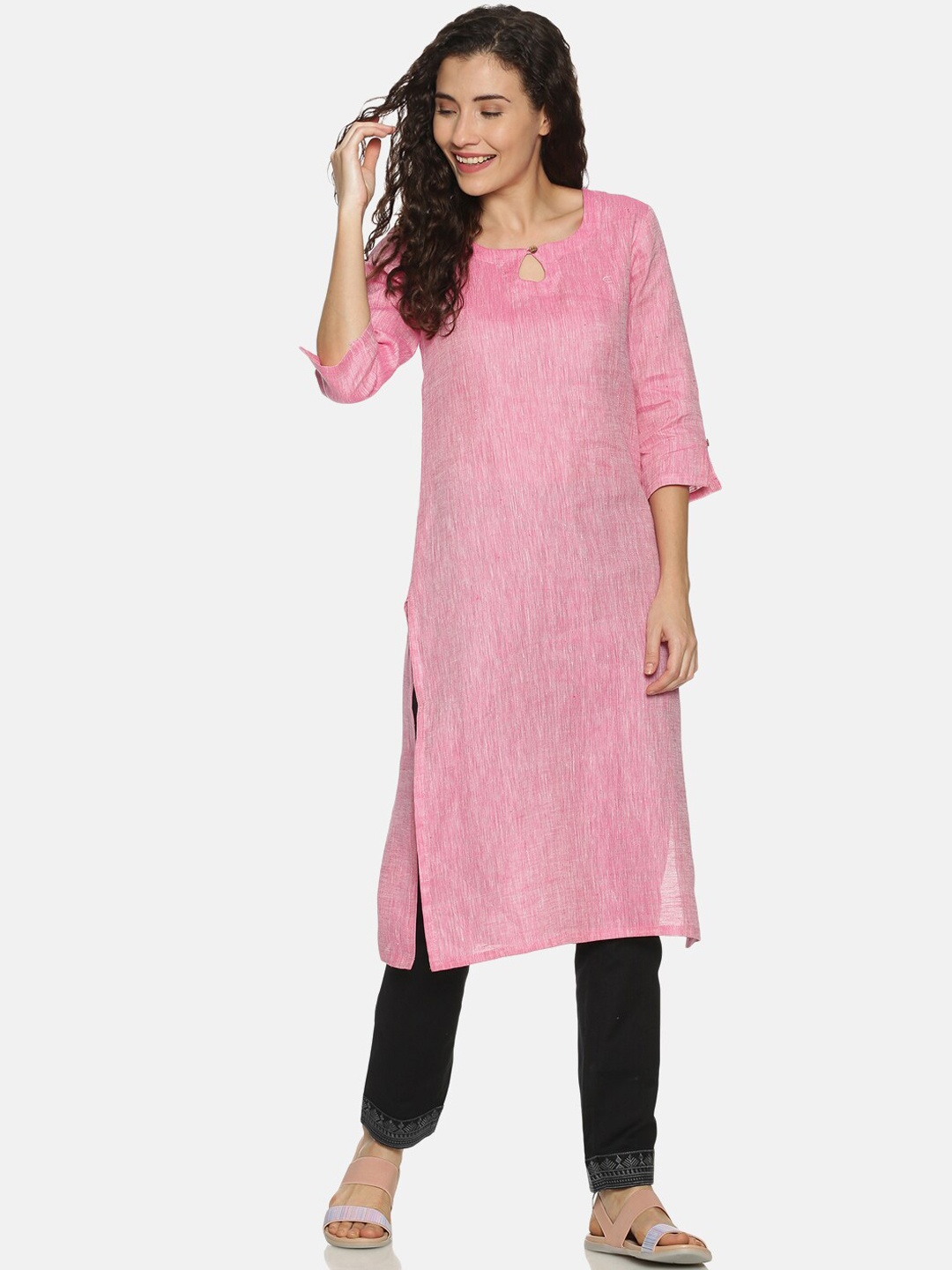 

Ecentric Women Pink Solid Hemp Straight Sustainable Kurta