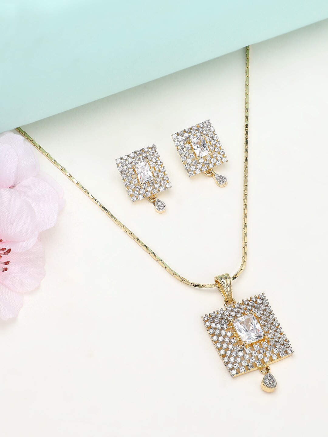 

Rubans Gold-Plated & White CZ Studded Square Handcrafted Jewellery Set
