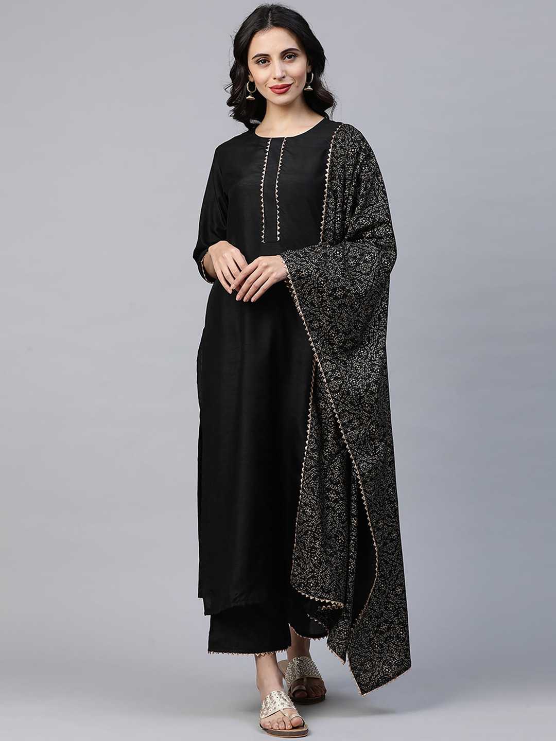 

Indo Era Women Black Solid Kurta with Palazzos & Dupatta