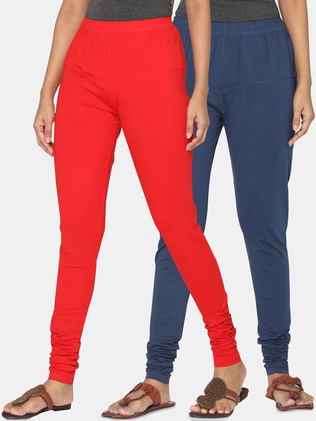 

TSG Bliss Women Pack of 2 Solid Churidar Leggings, Red