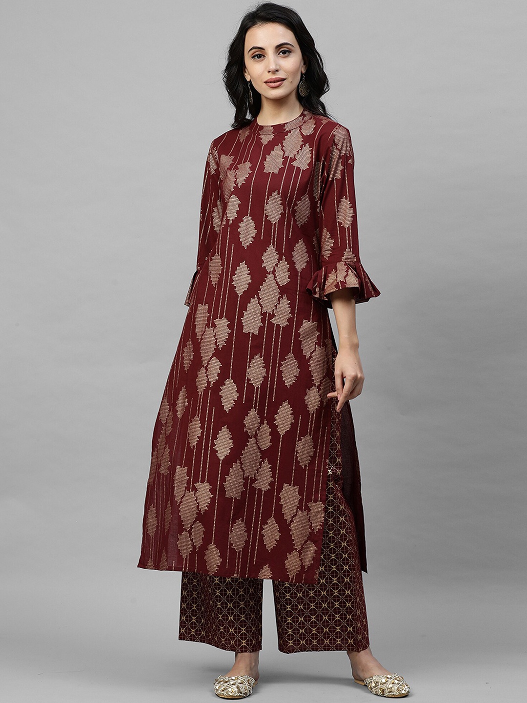 

Indo Era Women Maroon & Gold-Toned Printed Kurta with Palazzos & Dupatta