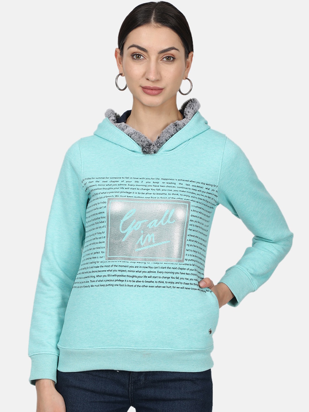 

Monte Carlo Women Blue Printed Hooded Sweatshirt
