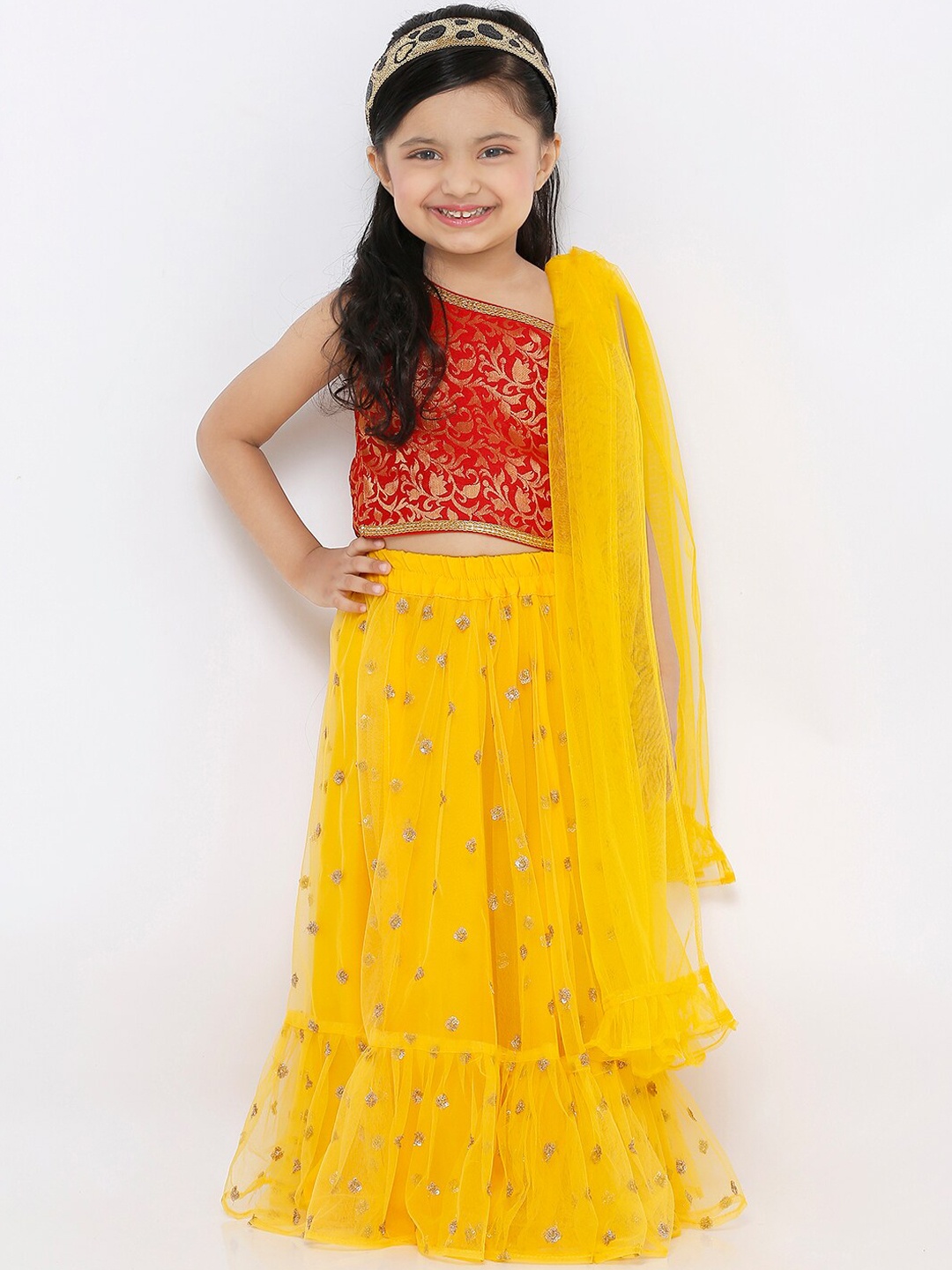 

SALWAR STUDIO Girls Yellow & Red Woven Design Ready to Wear Lehenga & Blouse with Dupatta