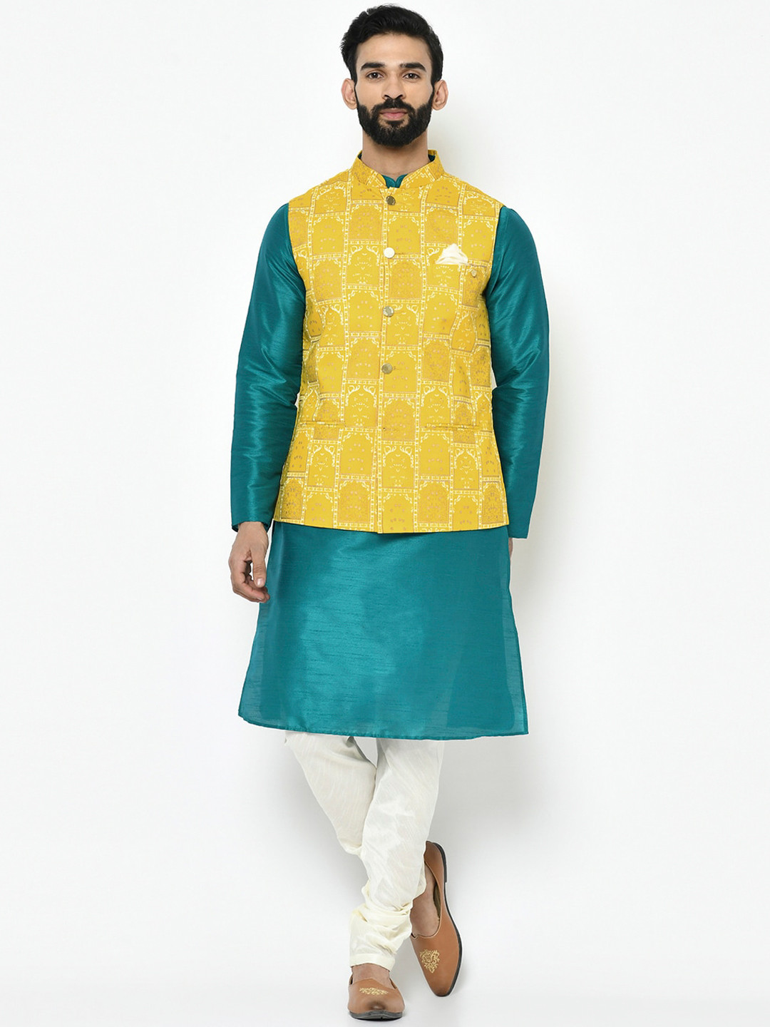 

Vartah Men Teal Blue & White Solid Kurta with Churidar & Jacket