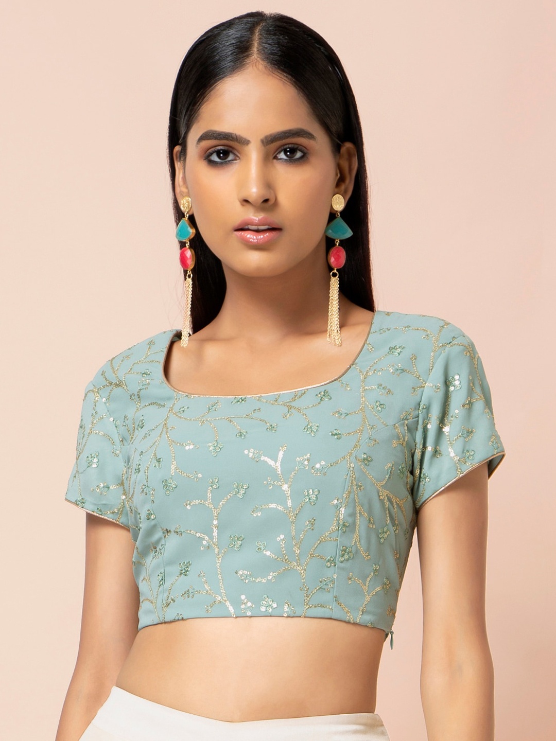 

INDYA Women Green Embroidered Ethnic Crop Top