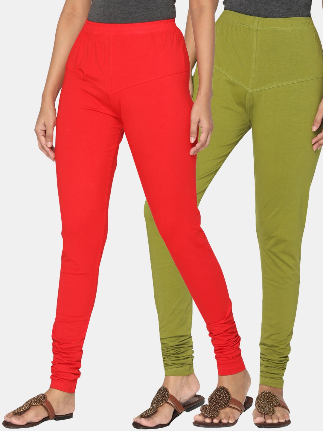 

TSG Bliss Women Pack of 2 Solid Churidar Leggings, Red