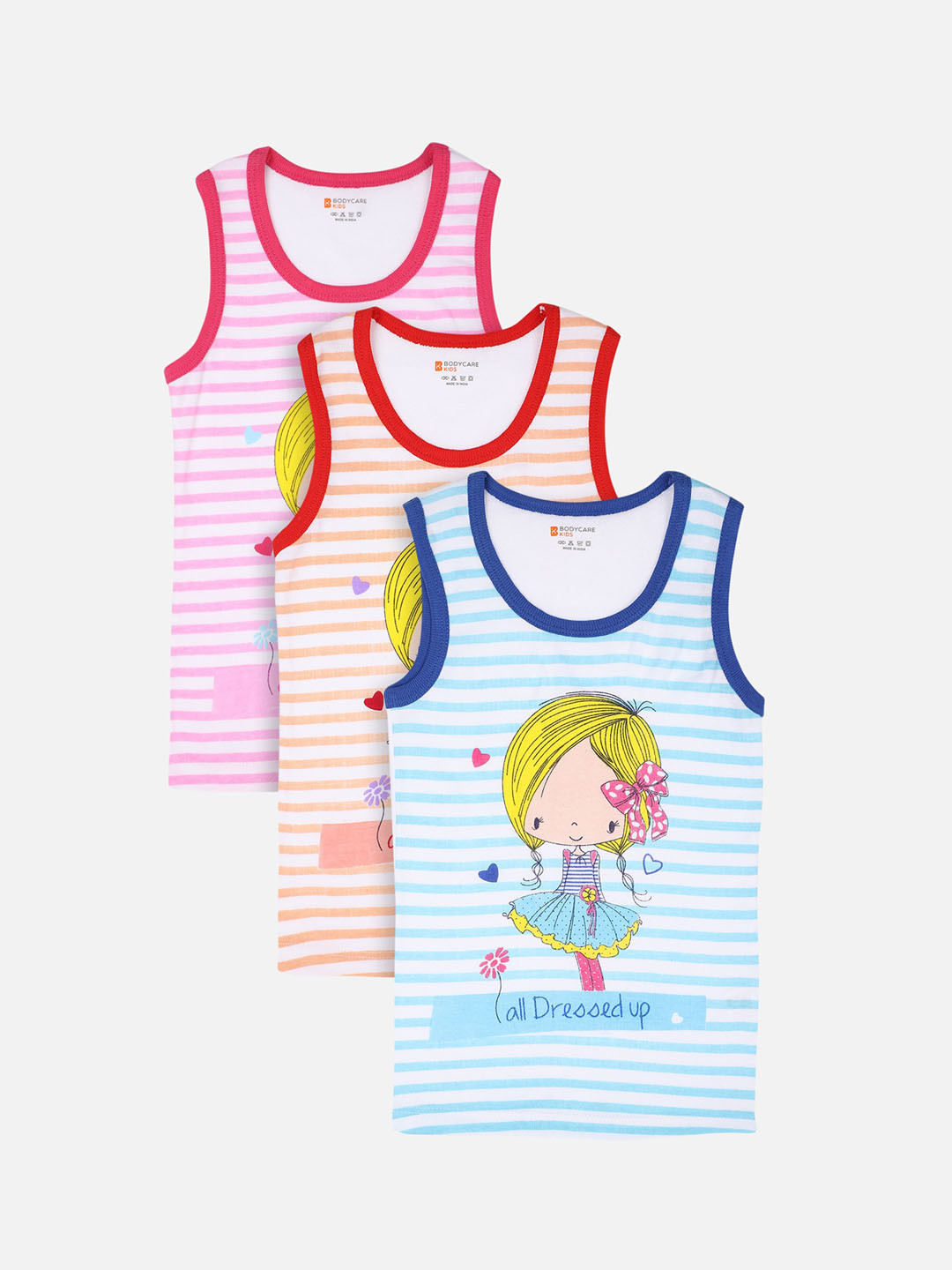 

Bodycare Kids Girls Pack Of 3 Red & Pink Striped Innerwear Vest KIA472-PK005