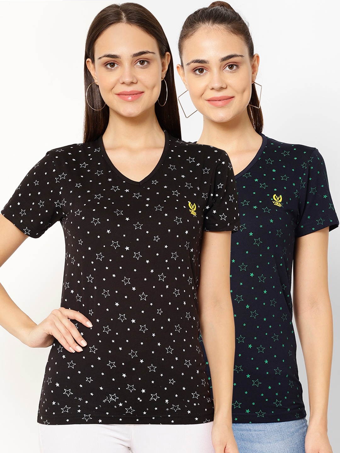 

MACK JONNEY Women Pack Of 2 Printed V-Neck T-shirts, Coffee brown