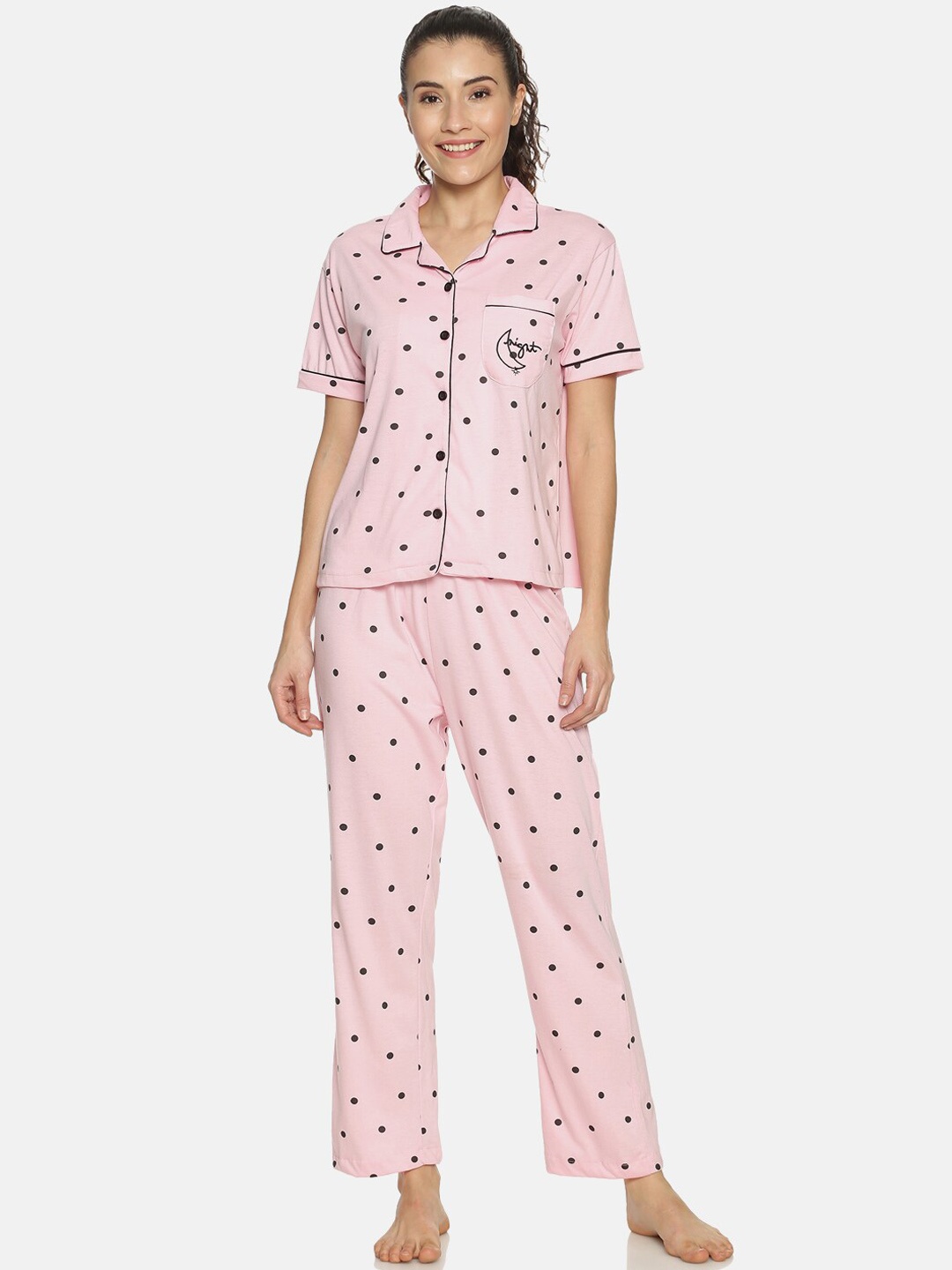 

Campus Sutra Women Pink & Black Printed Night Suit