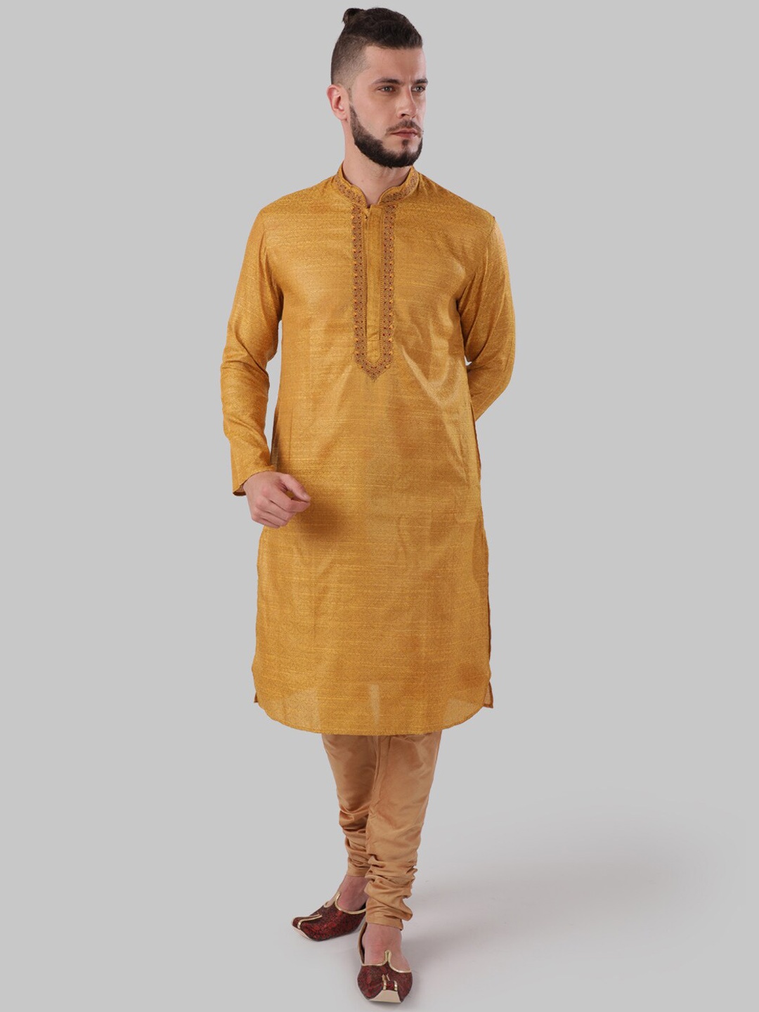

Ethnix by Raymond Men Yellow Woven Design Pathani Kurta