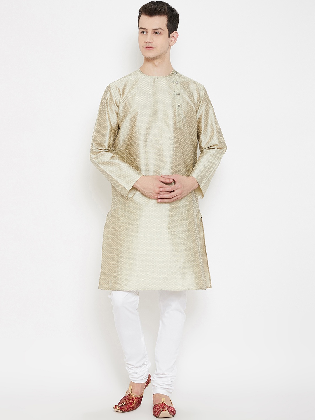 

even Men Cream-Coloured Woven Design Straight Kurta