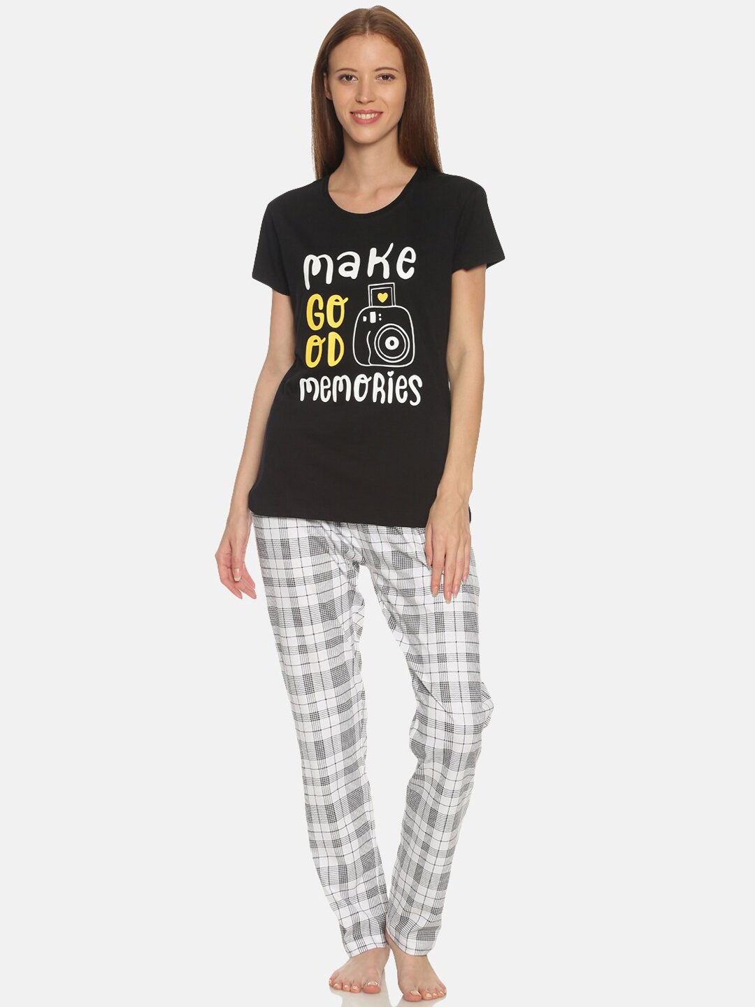 

TWIN BIRDS Women Black & White Night Suit