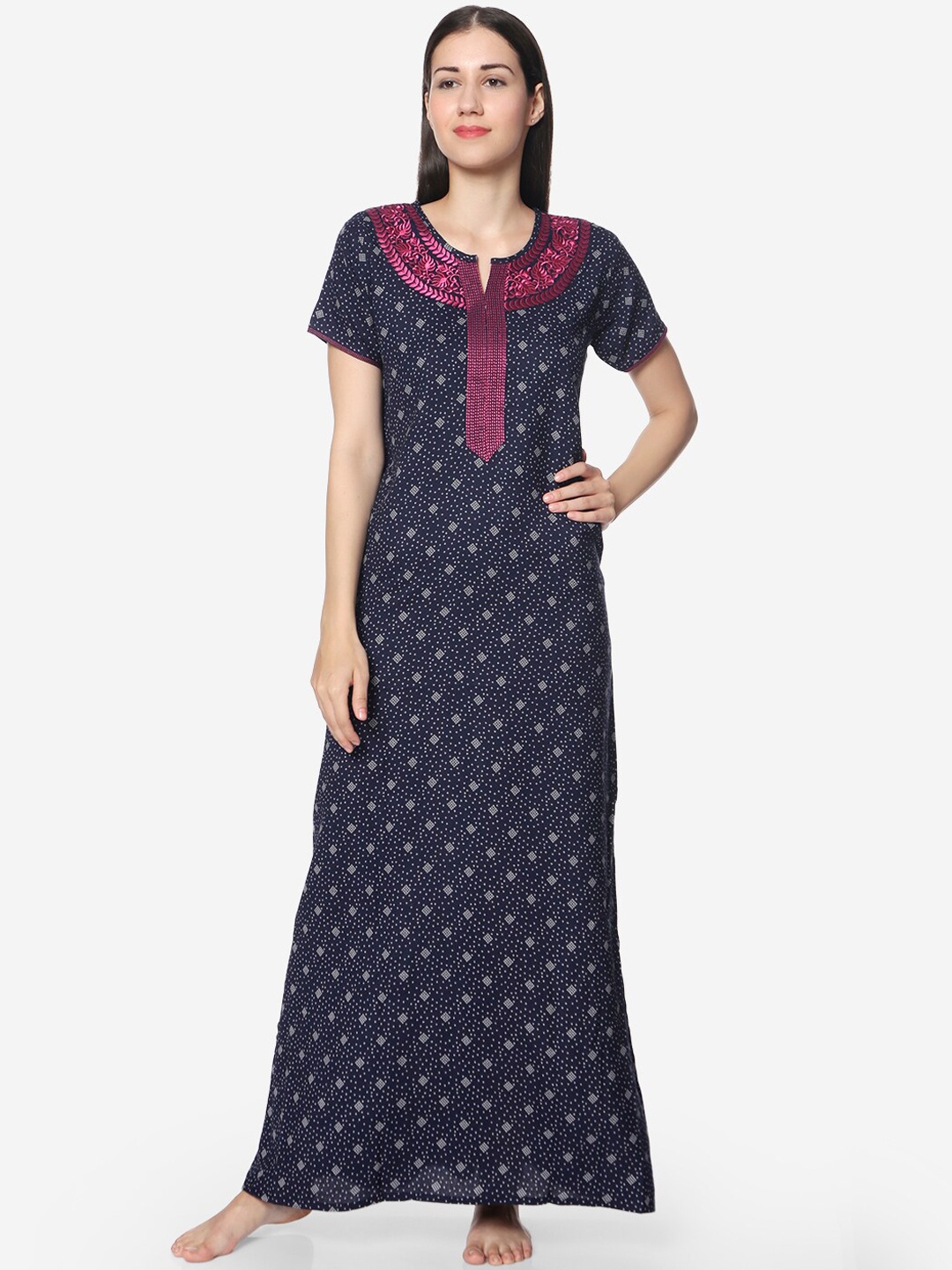 

Sand Dune Printed Alpine A-line Nightrdress, Navy blue