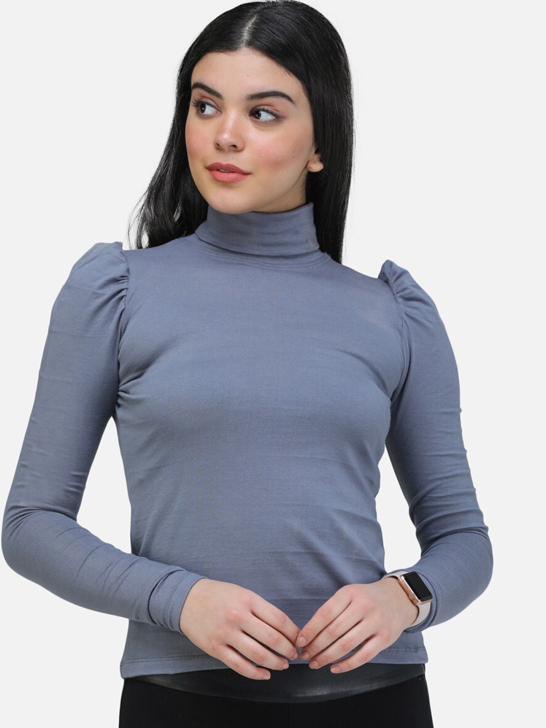 

SCORPIUS Women Grey Solid Fitted Top