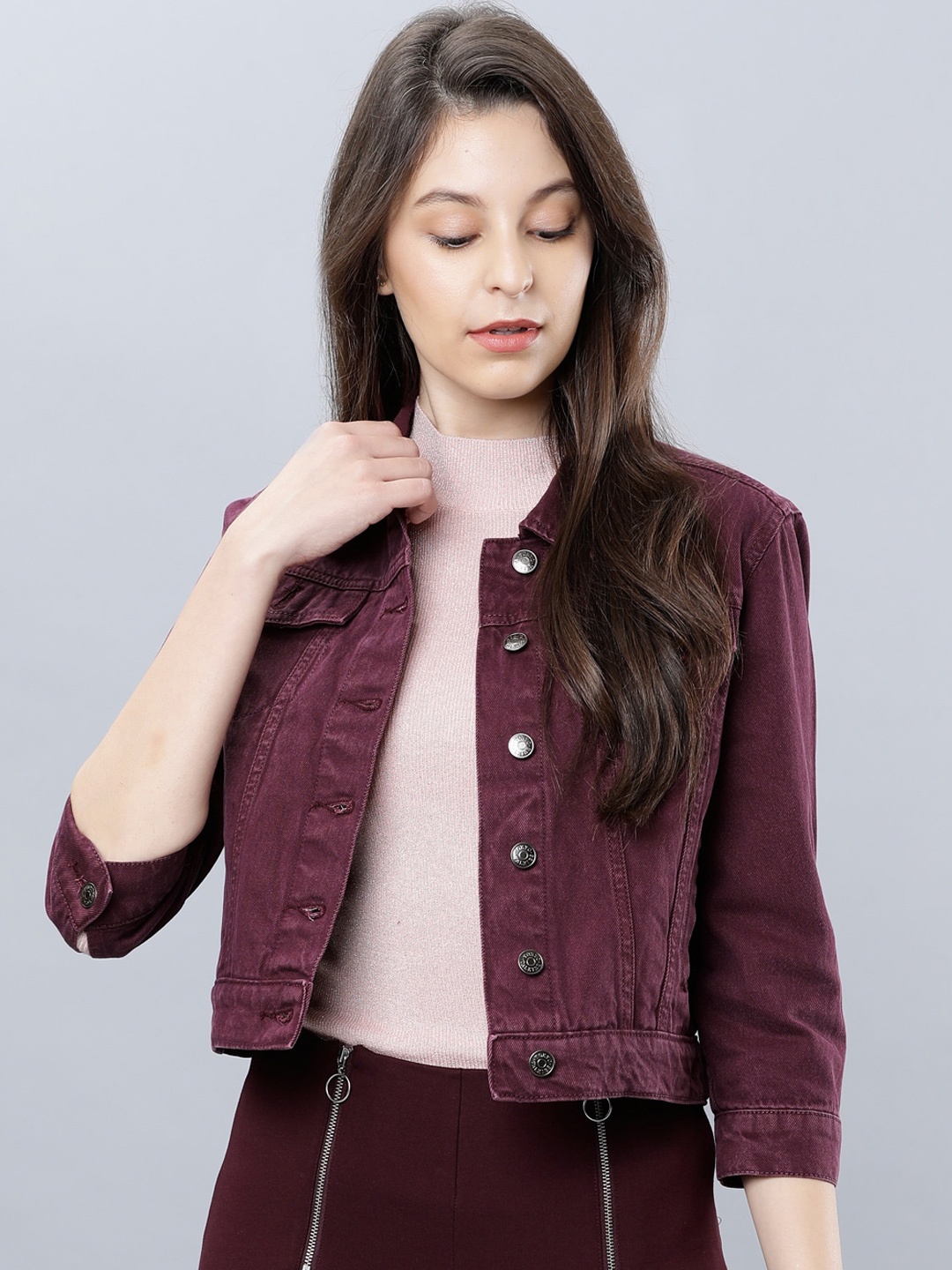 

Tokyo Talkies Women Burgundy Solid Denim Jacket