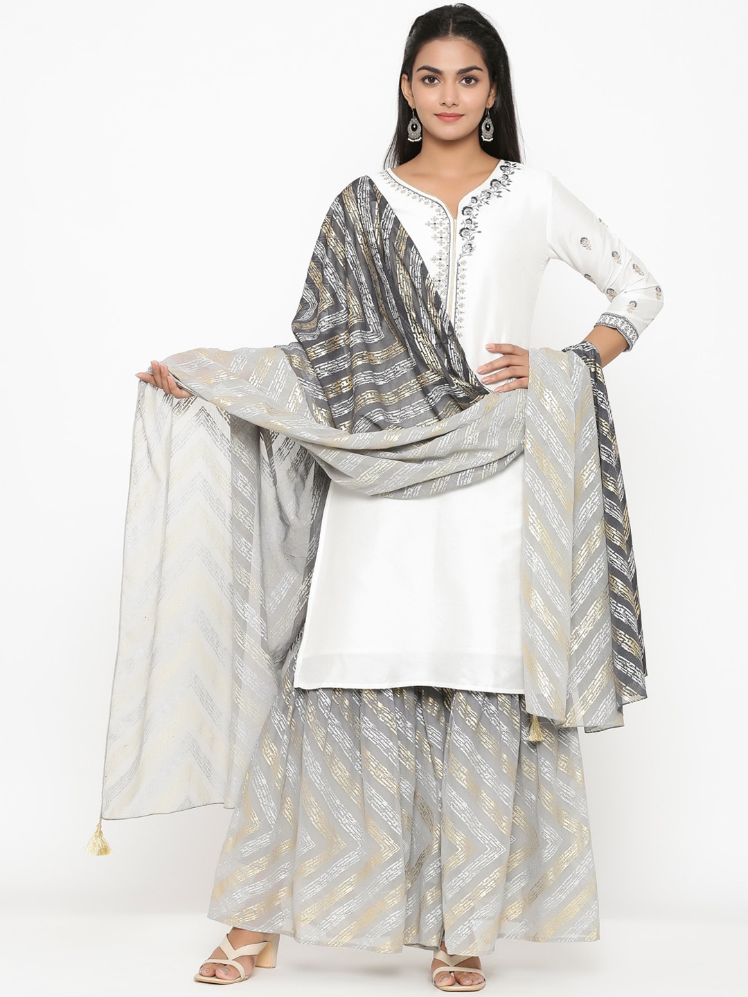RANGMAYEE Women White & Grey Solid Kurta with Sharara & Dupatta